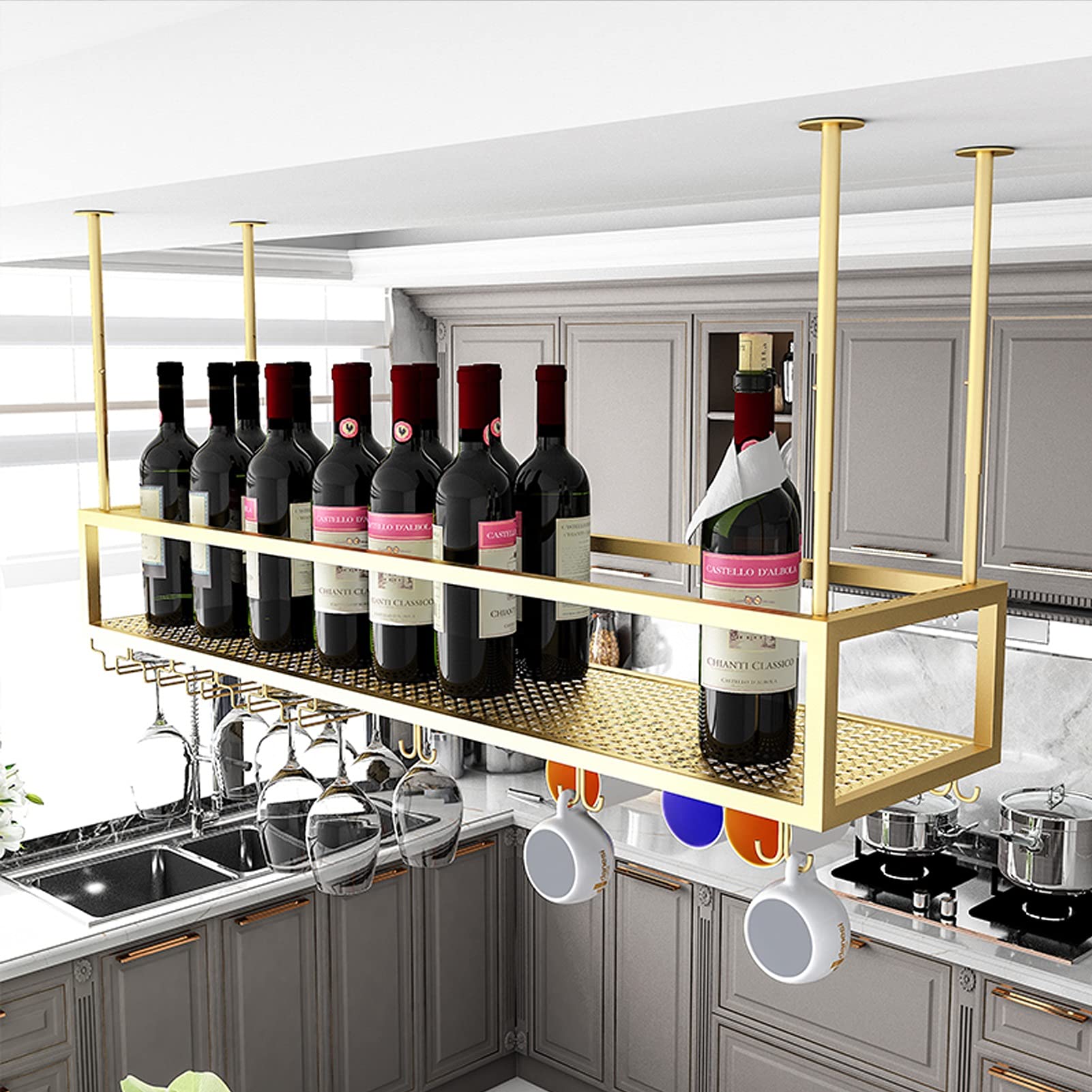 Gold Hanging Wine Rack - Wrought Iron Upside Down Wine Glass Holder for Ceiling - Decorative Bar Shelf for Kitchen & Restaurant (80x25x25cm) - Perfect for Wine Storage & Home Decor
