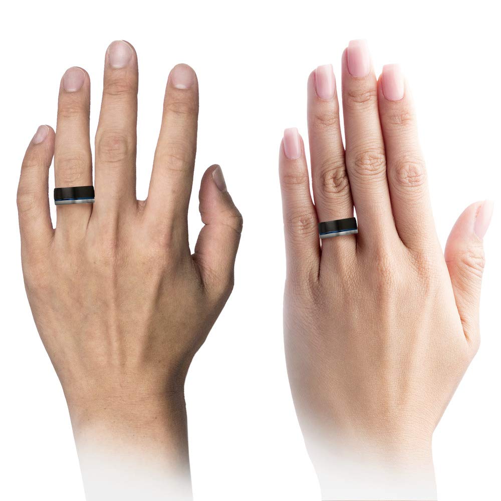 Premium Tungsten Carbide Wedding Band Ring for Men & Women - 10mm Blue Black Offset Line, Dome Grey Exterior, Half Brushed Half Polished - Custom Engraved Anniversary & Engagement Ring - Perfect for Weddings, Proposals & Special Occasions