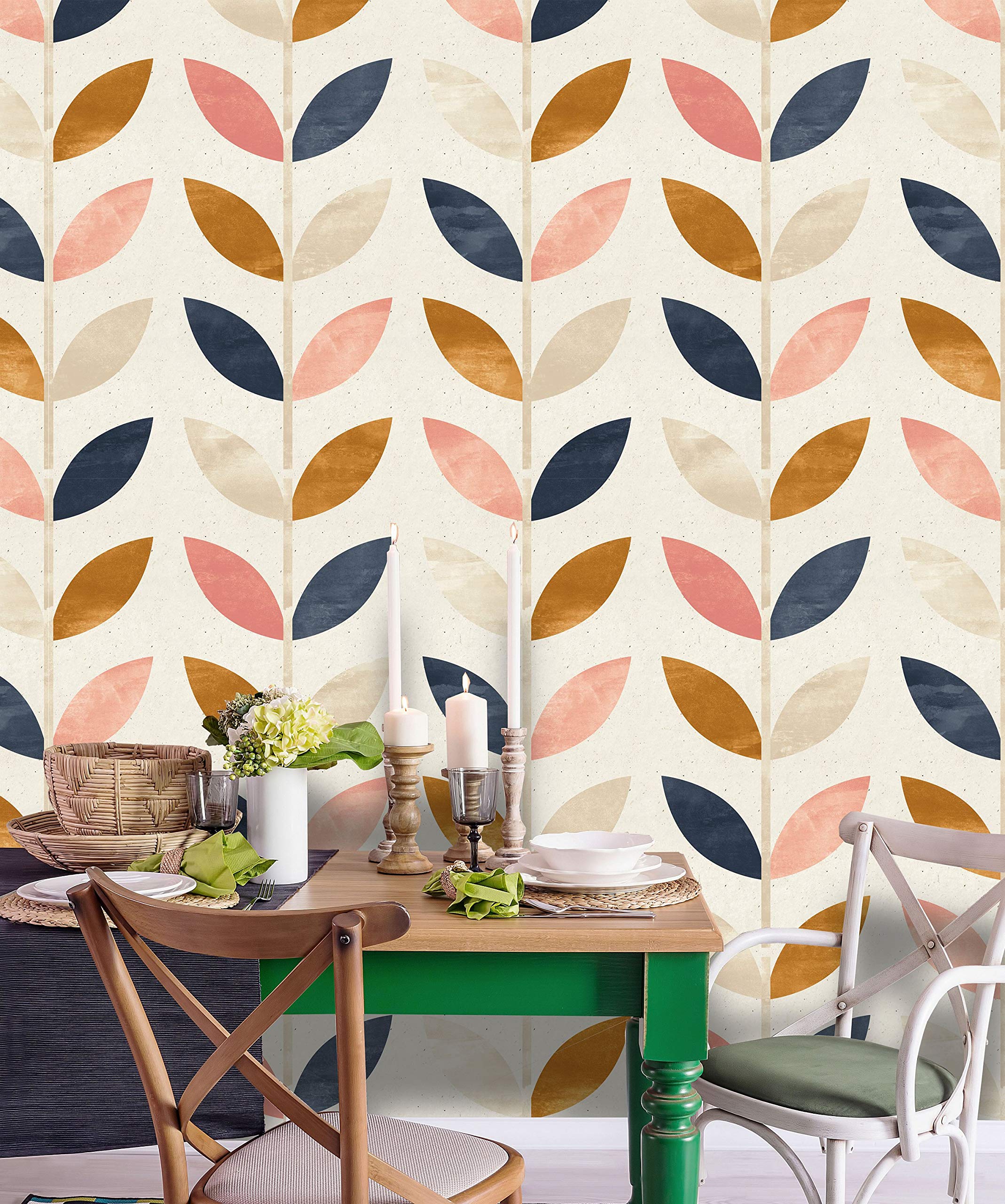 Self-Adhesive Removable Wallpaper - Rose Gold Blue Floral Peel and Stick Wall Mural for Nursery, Baby Room, Bedroom Decor | Scandinavian Design (24