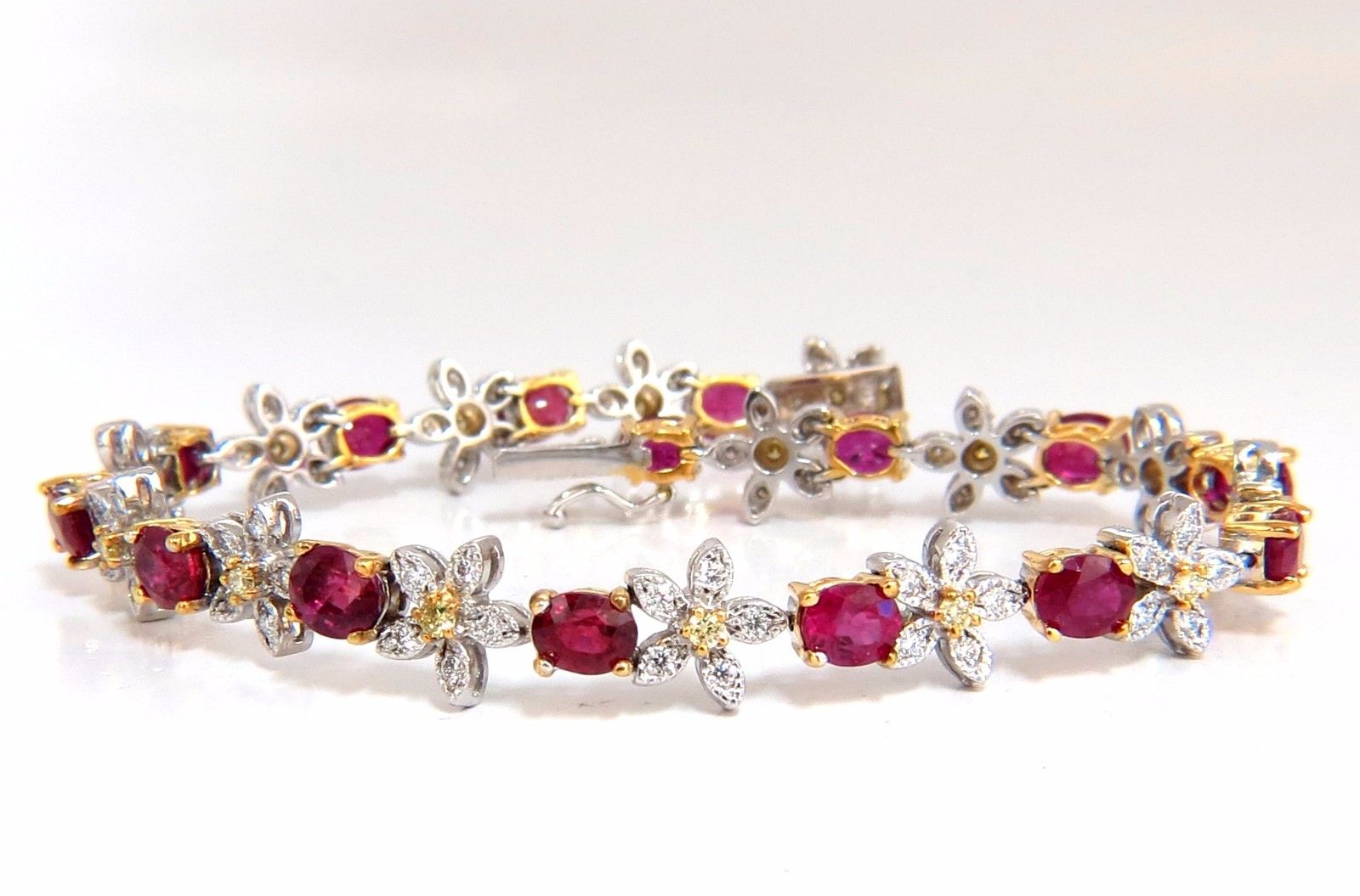 7.27ct Natural Red Ruby & Diamond Flower Cluster Tennis Bracelet in 18K Gold - Perfect for Weddings, Anniversaries & Special Occasions