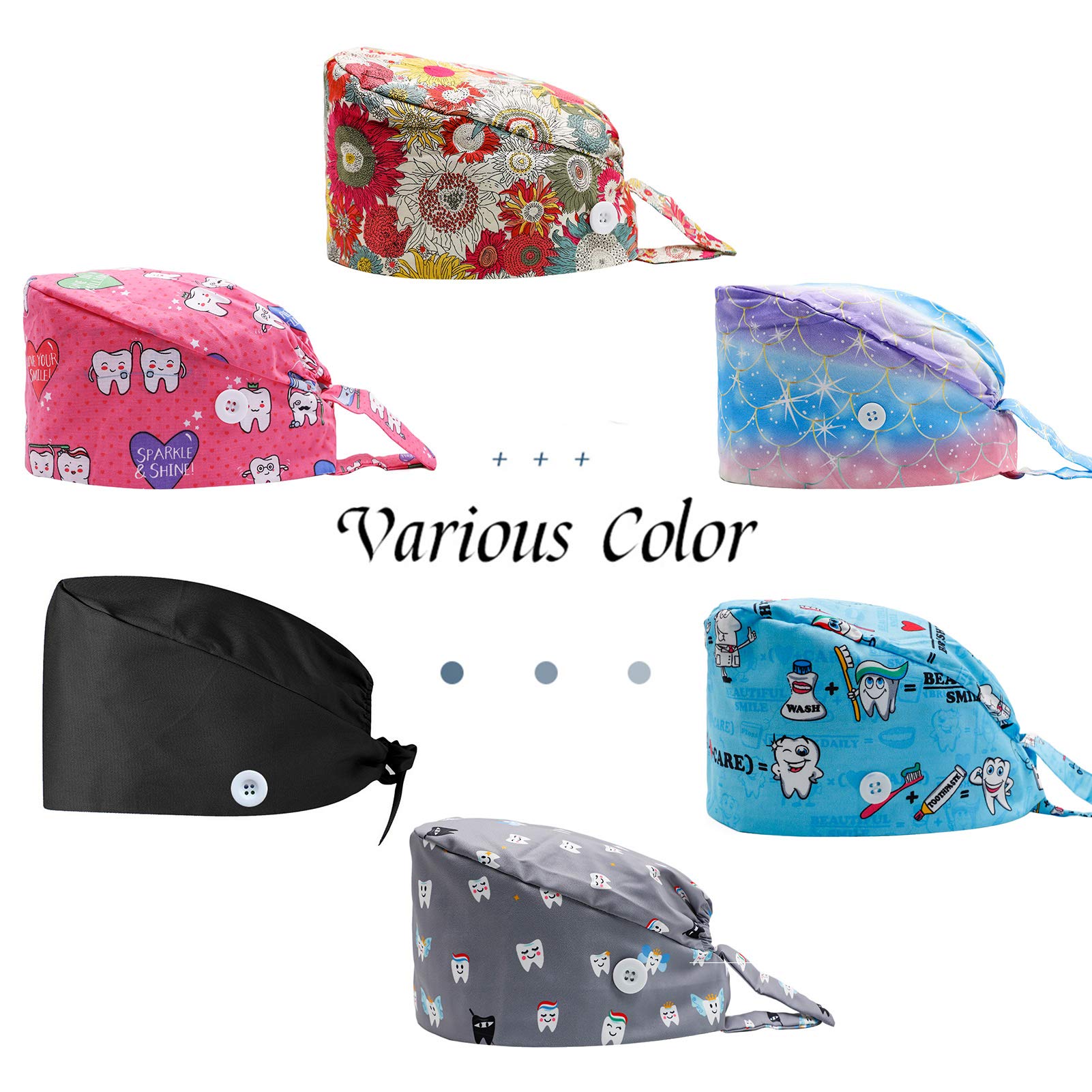 3PCS Cute Teeth Print Working Cap with Button - Breathable Lace-Up Sweatband Work Hat for Women & Men - Hair Cover for Chefs, Nurses, Food Service & DIY Projects