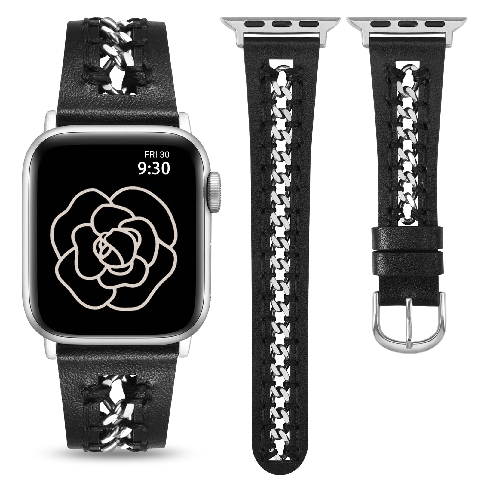 TOYOUTHS Genuine Leather Apple Watch Band for Women - Compatible with 38/40/41/42mm iWatch Series 10/9/8/7/6/5/4/3/2/1 & SE - Fashionable Cowboy Style Metal Chain Bracelet (Black/Silver) - Perfect for Daily Wear, Work & Casual Outfits