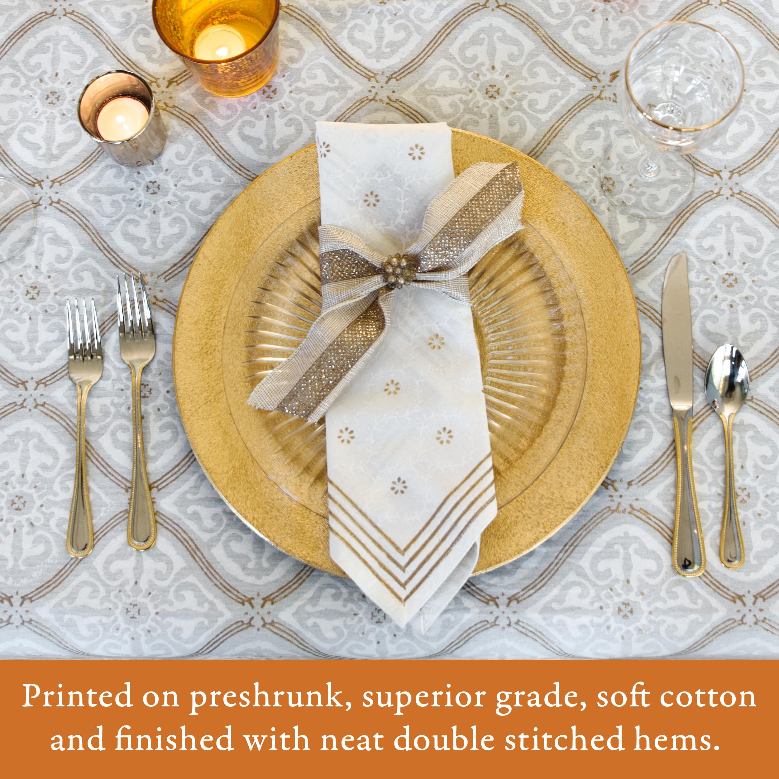 Luxury 100% Cotton Hand Block Printed Rectangle Tablecloth - White Vanilla Glacé, Washable & Durable for Home Decor, Kitchen, Coffee or Dining Table (70x120 Inches) | Perfect for Dinner Parties, Brunch Gatherings & Holiday Decorations