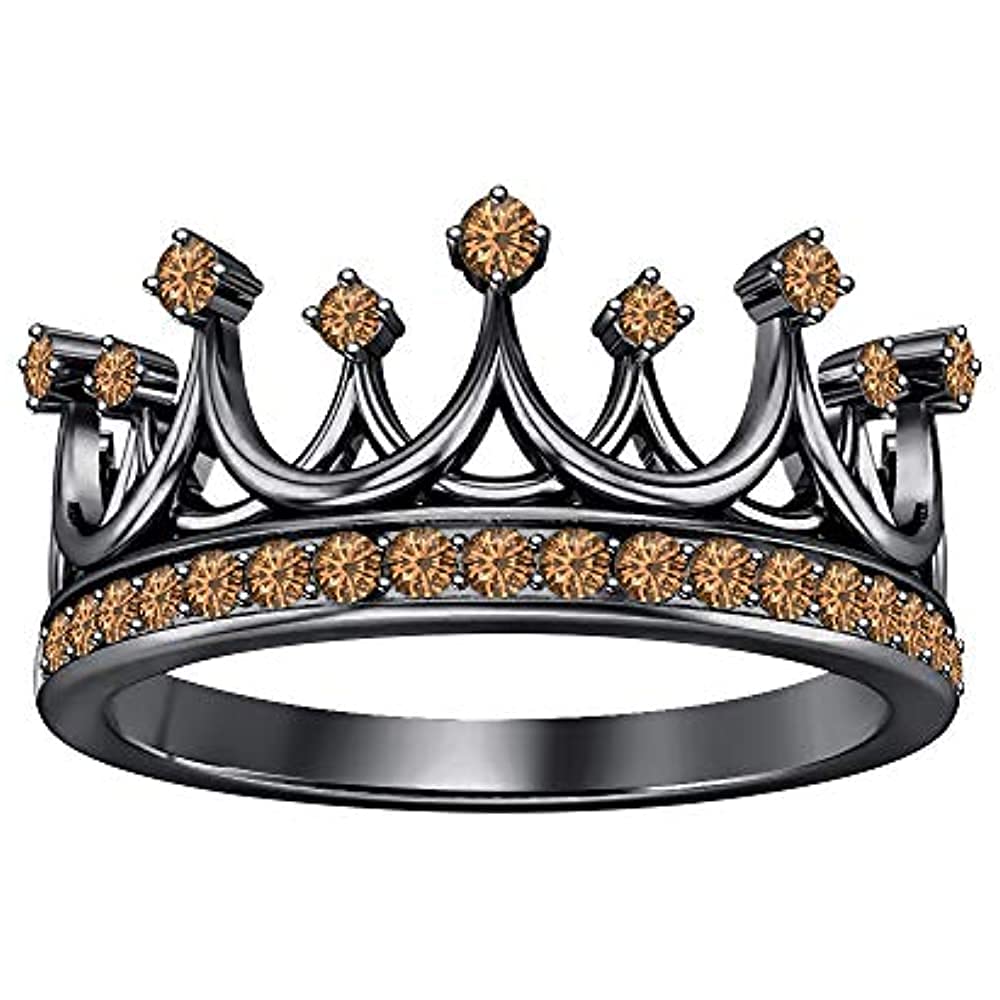 Baalaji Jewellers 925 Sterling Silver 14K Black Gold Finish Round Cut Gemstone Diamond Queen's Tiara Crown Ring for Women | Engagement, Wedding, Prom, Anniversary Gift | Elegant Jewelry for Special Occasions