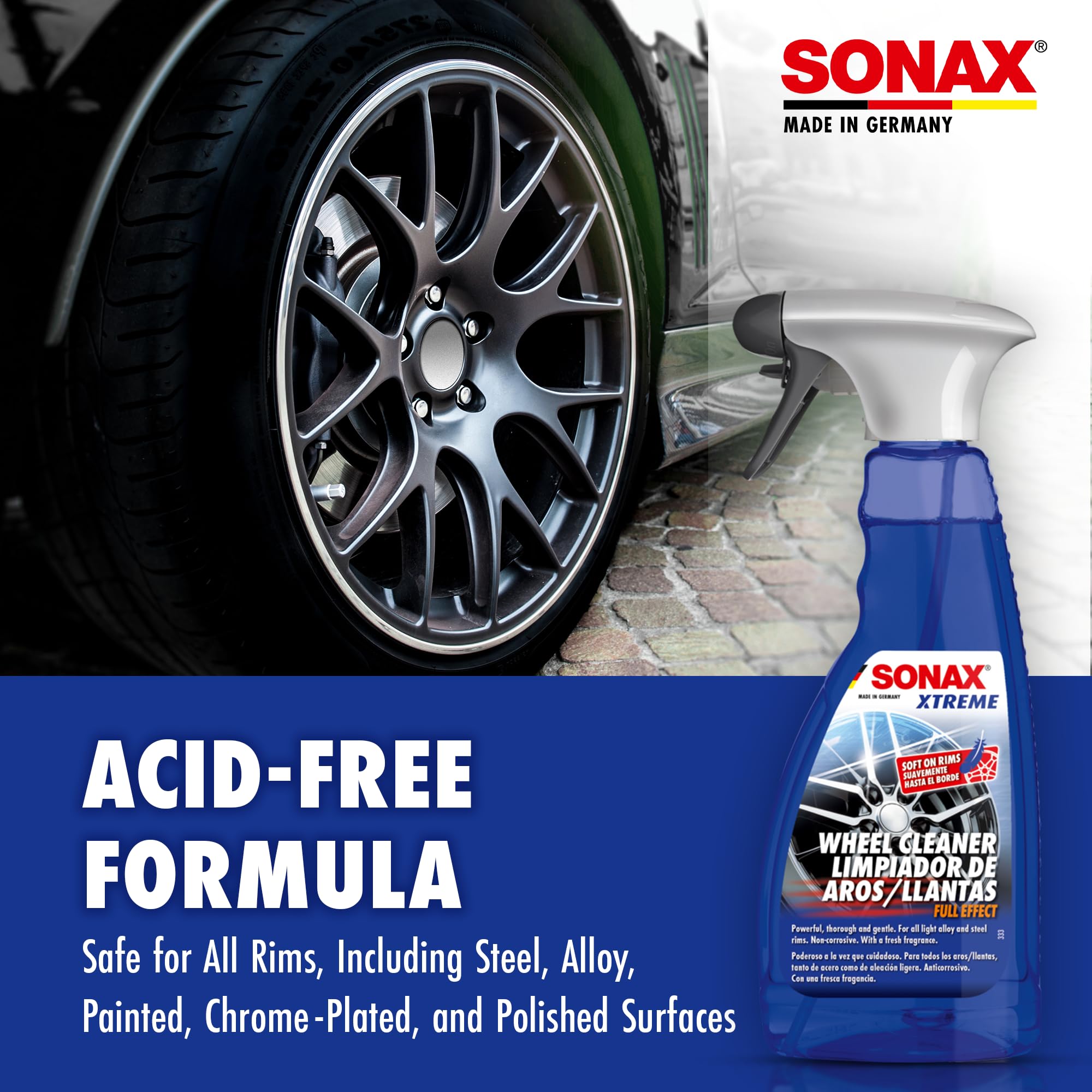 SONAX 1837512 Xtreme Wheel Cleaner - Heavy Duty Brake Dust Remover for Alloy & Chrome Rims - Safe for Painted Wheels - Perfect for Car Detailing & Auto Maintenance