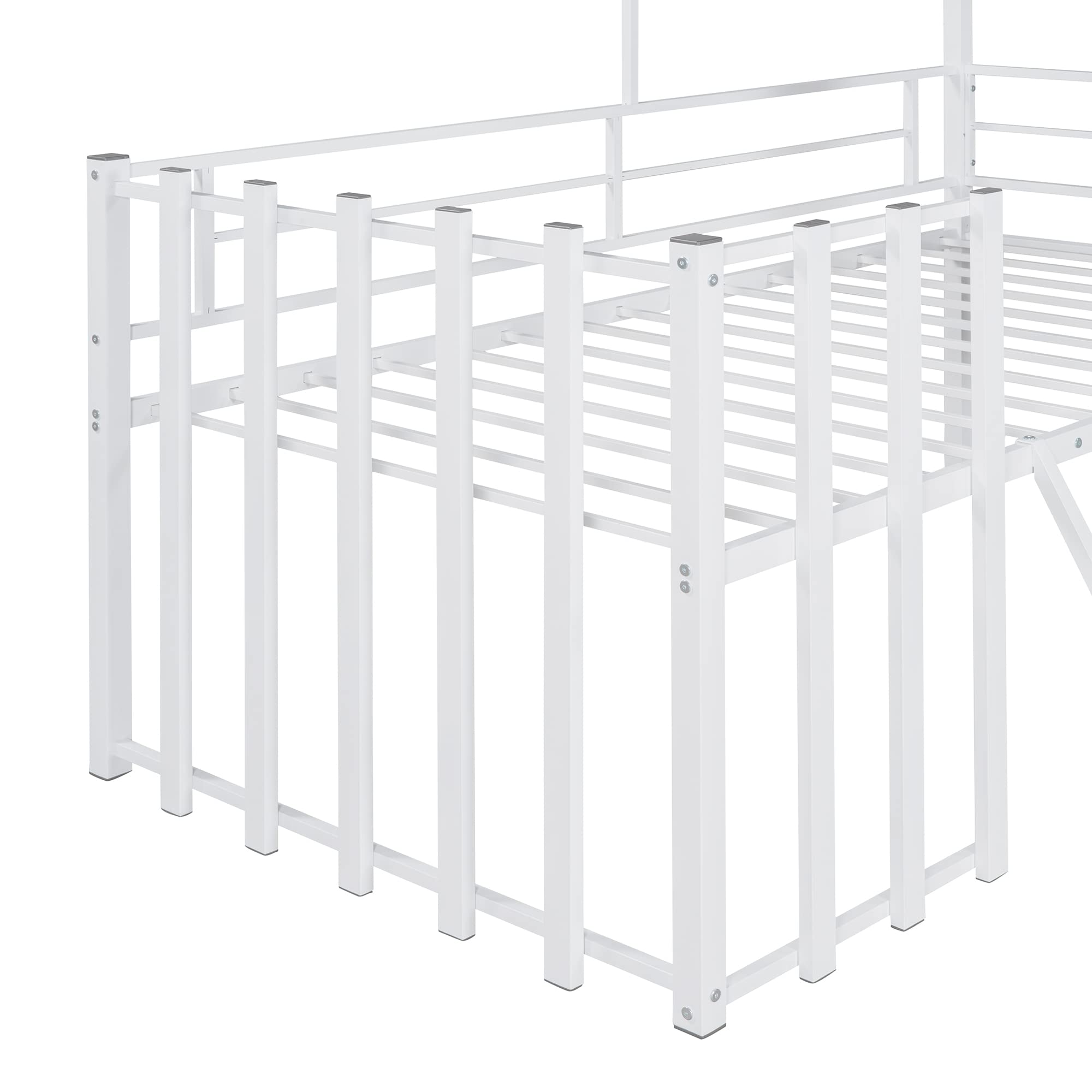 Harper & Bright Designs Twin Size Metal Loft Bed with Roof & Window - Low Profile Kids Loft Bed with Guardrail for Boys & Girls - White MDF Finish - Perfect for Small Bedrooms, Dorm Rooms & Kids' Play Areas