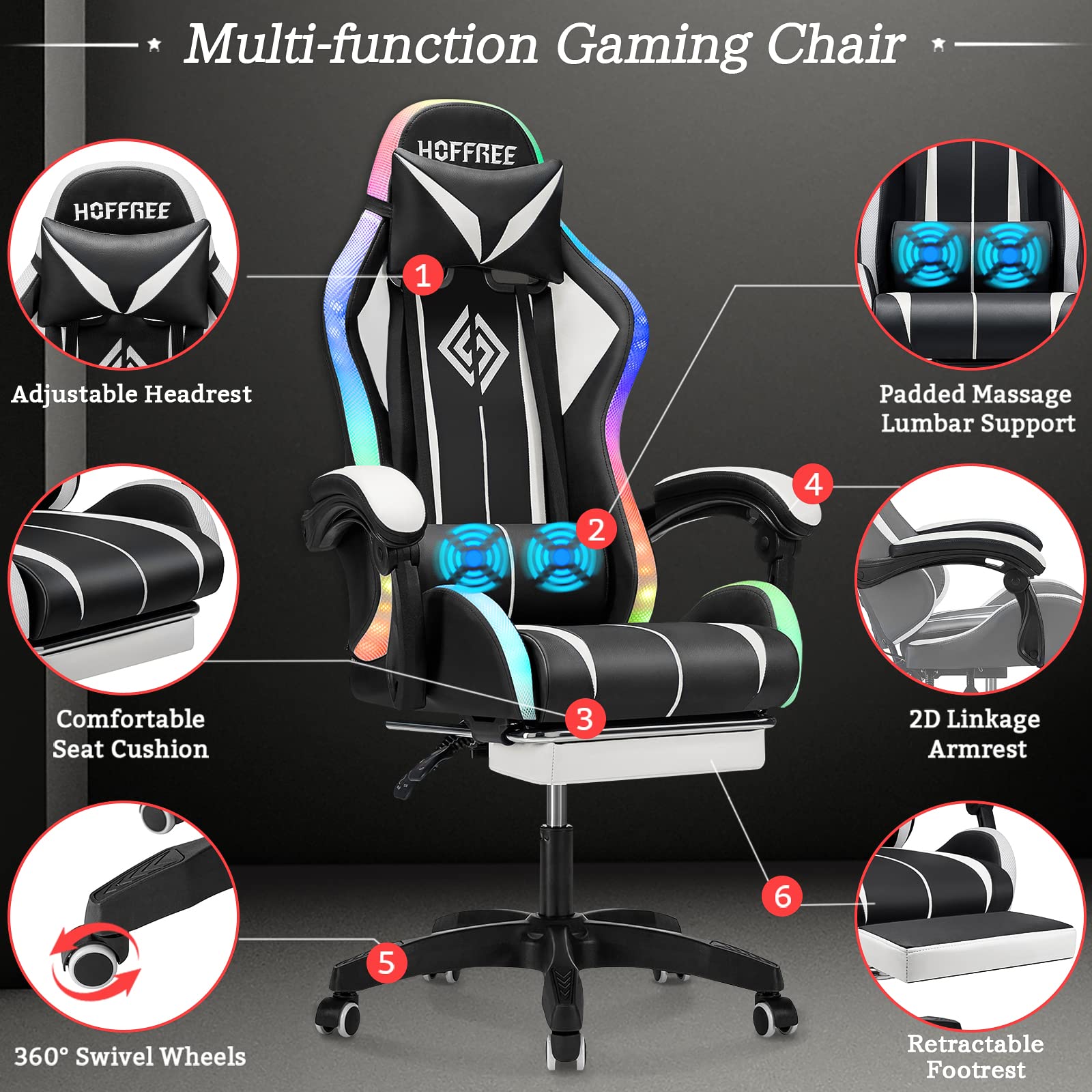 Ergonomic Gaming Chair with Built-in Speakers, RGB LED Lights & Massage - High Back Computer Chair with Adjustable Lumbar Support & Footrest - Perfect for PC Gaming, Streaming & Home Office (White & Black)