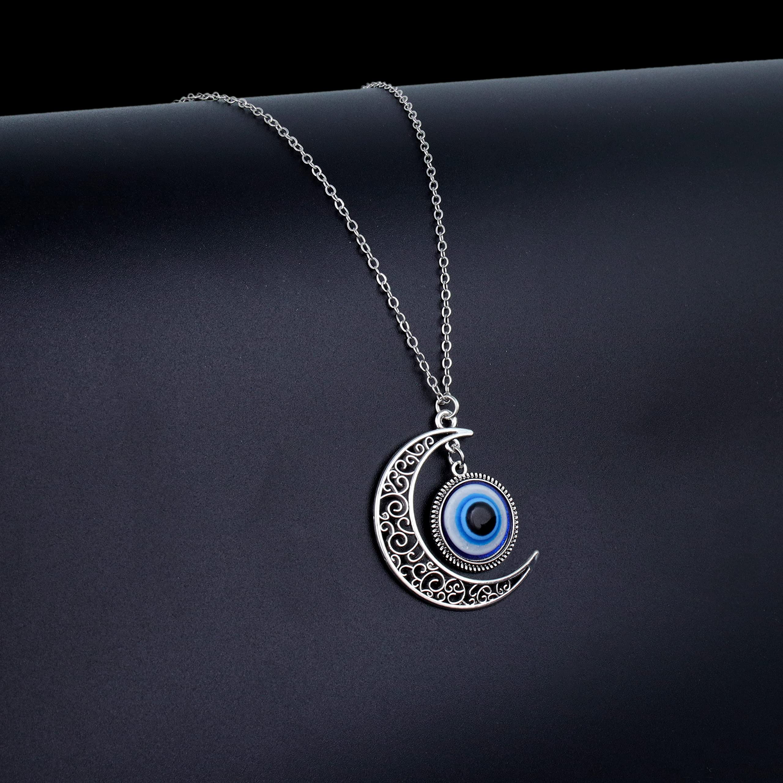 Exclusive Moon Evil Eye Silver Plated Chain Necklace for Women, Men & Teens - Fashion Jewelry Gift for Birthday, Party & Everyday Wear