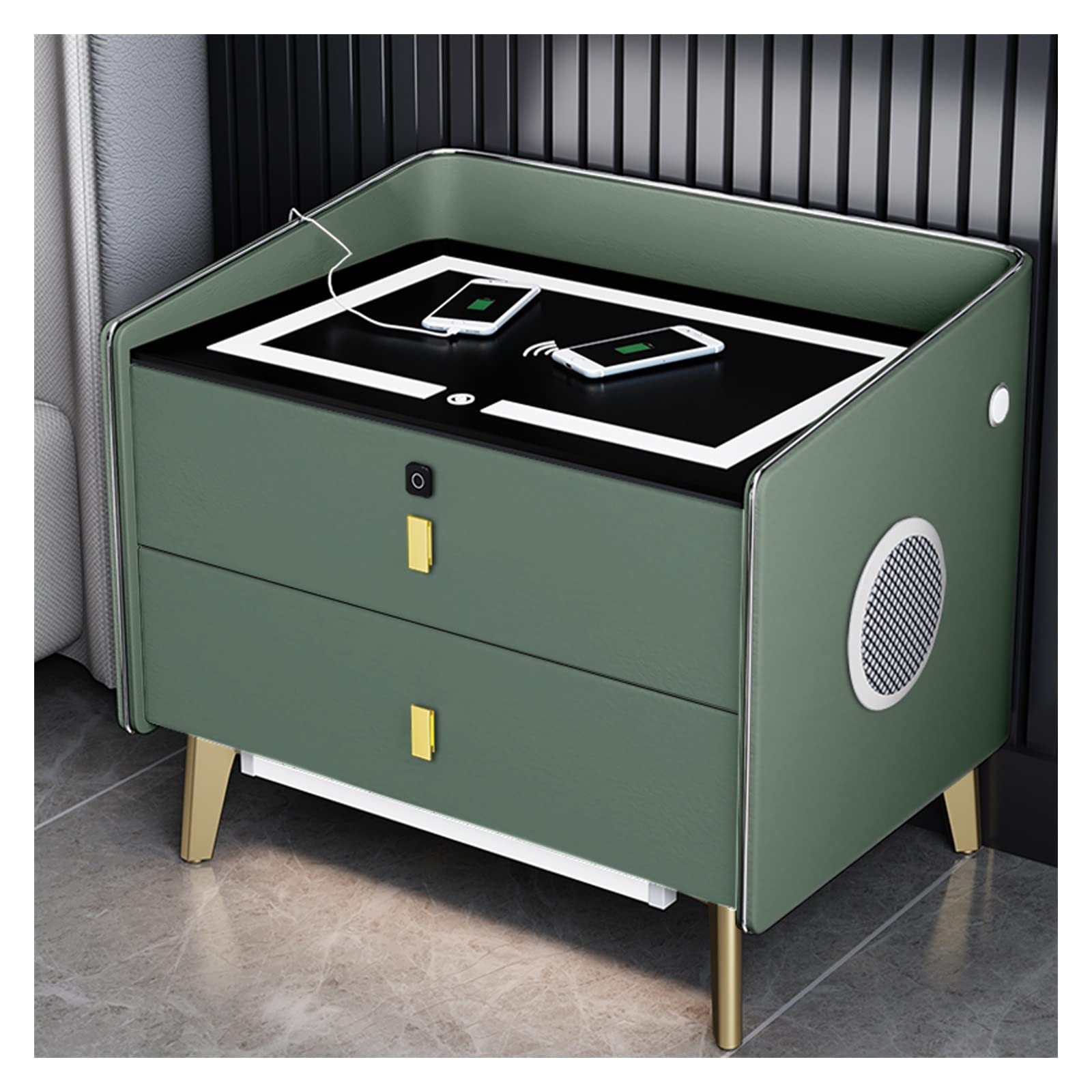 AVLUZ Smart LED Nightstand with Wireless Charging Station, Fingerprint Unlock Bedside Table with Built-in Bluetooth Speaker - Green Multifunctional Storage Cabinet for Bedroom (Perfect for Modern Home Decor & Nighttime Convenience)