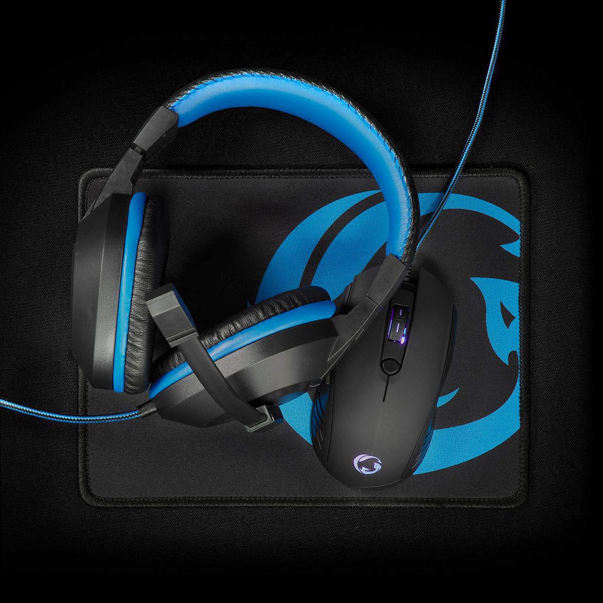 NEDIS Gaming Combo Kit - 3 in 1 PC Gaming Headset, Wired Mouse & Large Mouse Pad - Blue/Black - Perfect for Esports, Streaming & Online Gaming