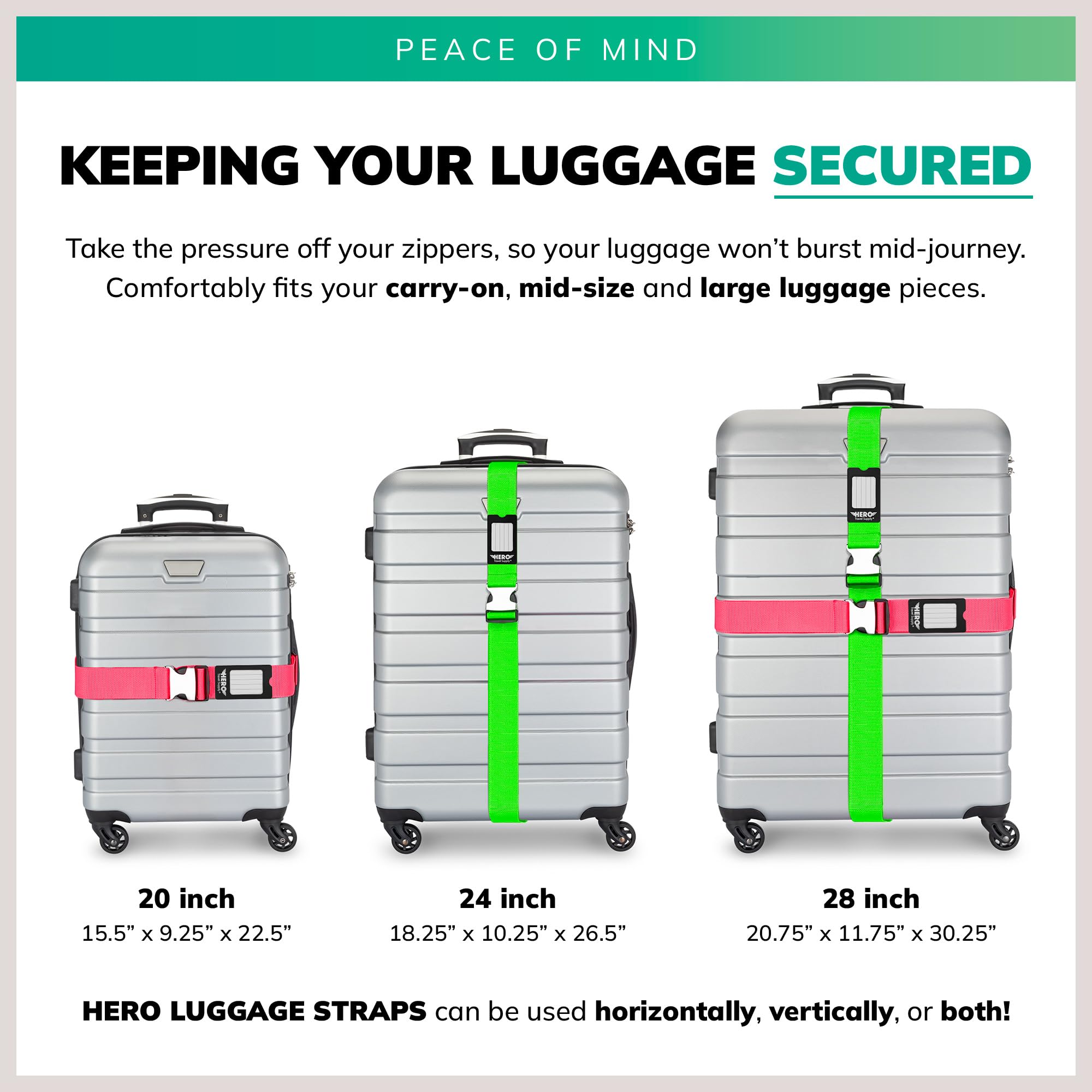 Heavy-Duty Luggage Straps for Suitcases & Carry-On Bags - 700+ lbs Max Tension Secure Travel Belt (2-Pack, Green/Pink) - Perfect for Air Travel, Cruise Vacations & Road Trips