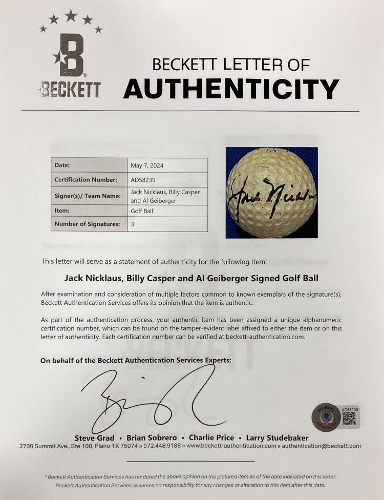 Authentic Jack Nicklaus, Al Geiberger & Billy Casper Signed Golf Ball with BAS LOA - Perfect for Golf Collectors, Memorabilia Displays & Sports Enthusiasts