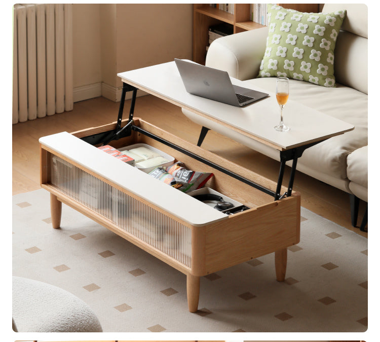 Solid Oak Wood Modern Lift-Top Coffee Table with Slate Finish - Perfect for Living Room, Home Office, and Small Spaces