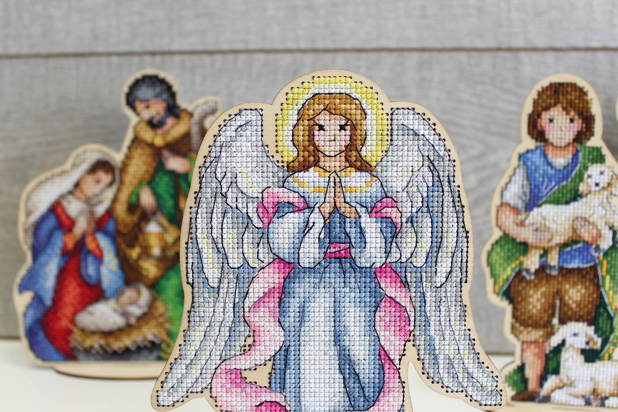 Christmas Angel Cross Stitch Kit on Wood Base - Bible Nativity Scene for Home Decor