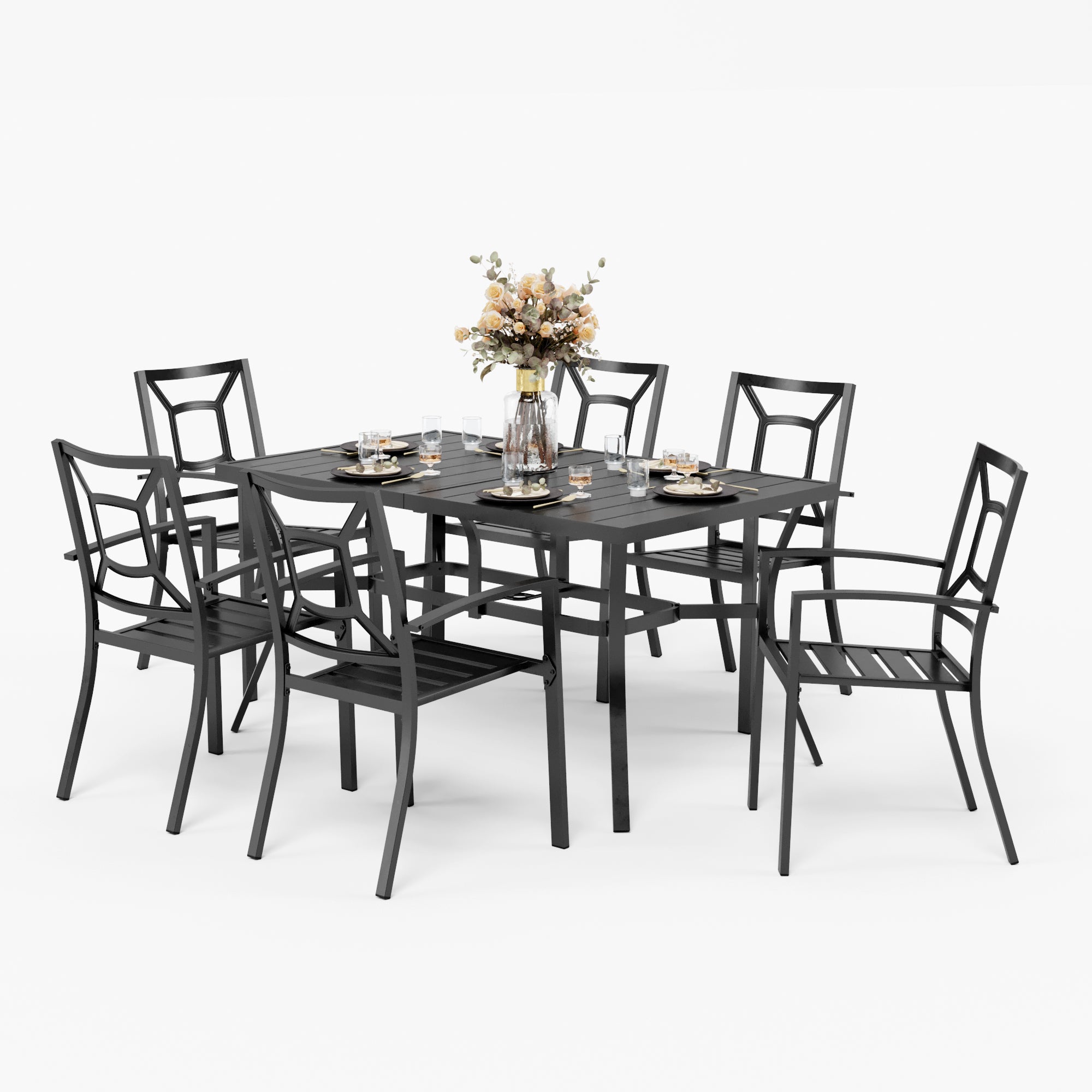 PHI VILLA 7-Piece Outdoor Dining Set with Steel Panel Table & 6 Stackable Chairs - Patio Furniture for Garden, Backyard, Poolside & Restaurant Use