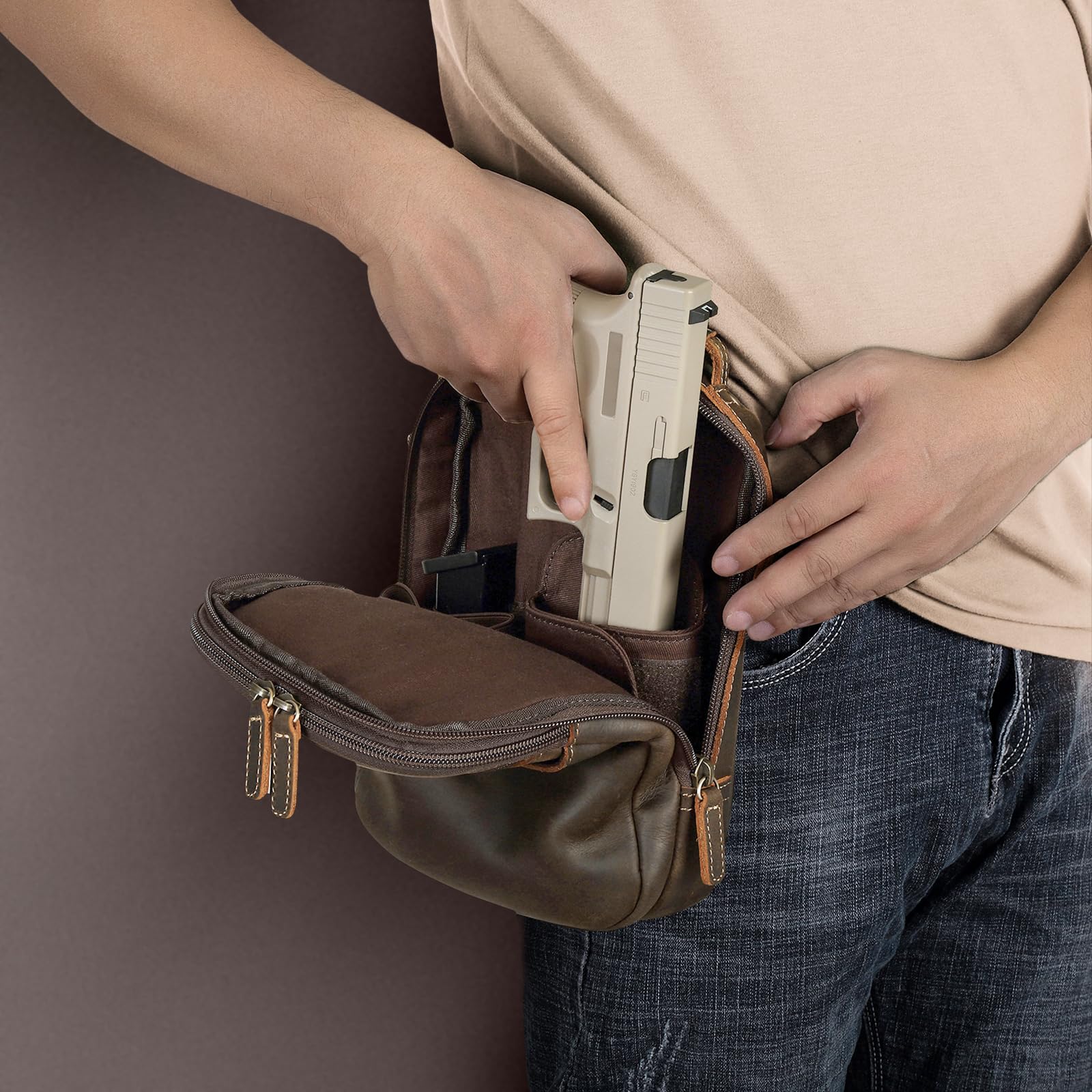Premium Full Grain Italian Leather Concealed Carry Gun Pouch - Small Crossbody Handgun Bag & Fanny Pack for Pistol - Adjustable Waist Belt Firearm Holster Case for Outdoor, Travel & Everyday Protection