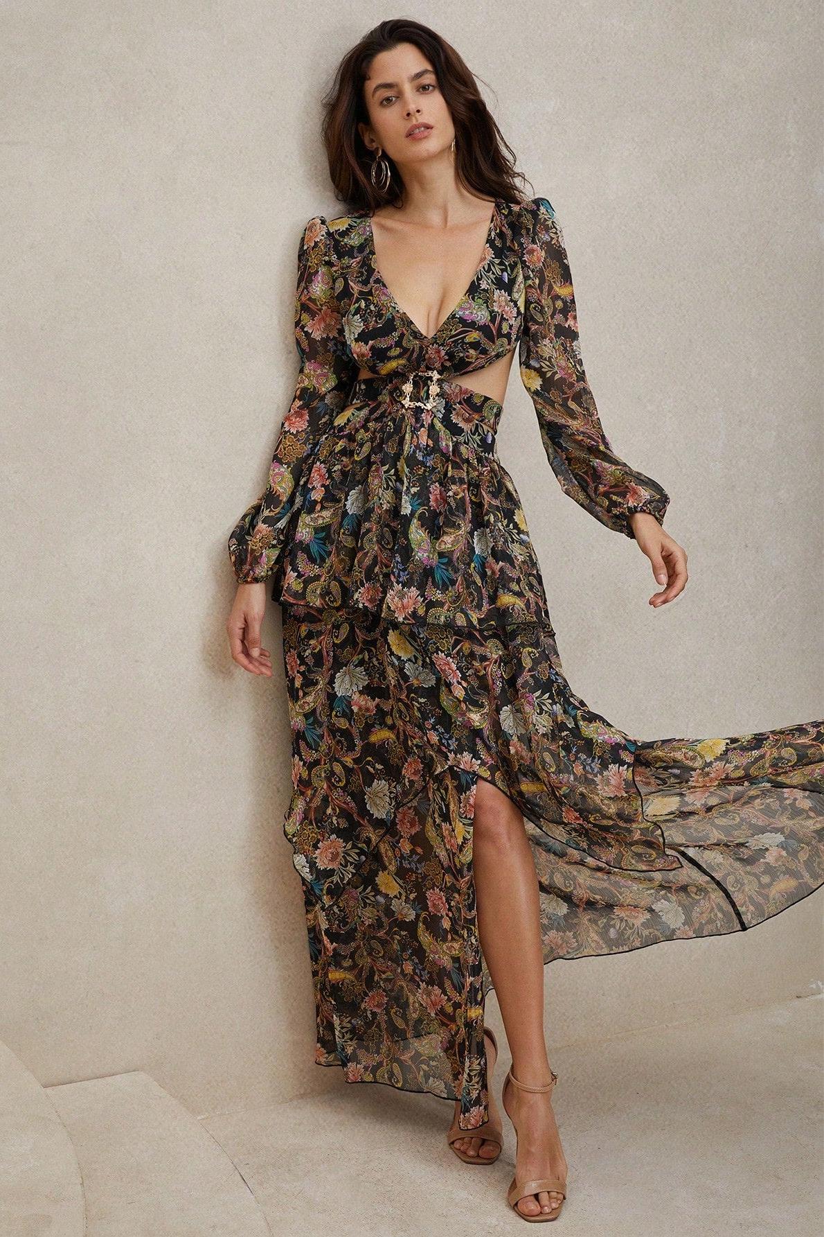 Elegant Chiffon Paisley Print Long Sleeve Midi Dress for Women - Boho Flowy Party & Wedding Guest Outfit