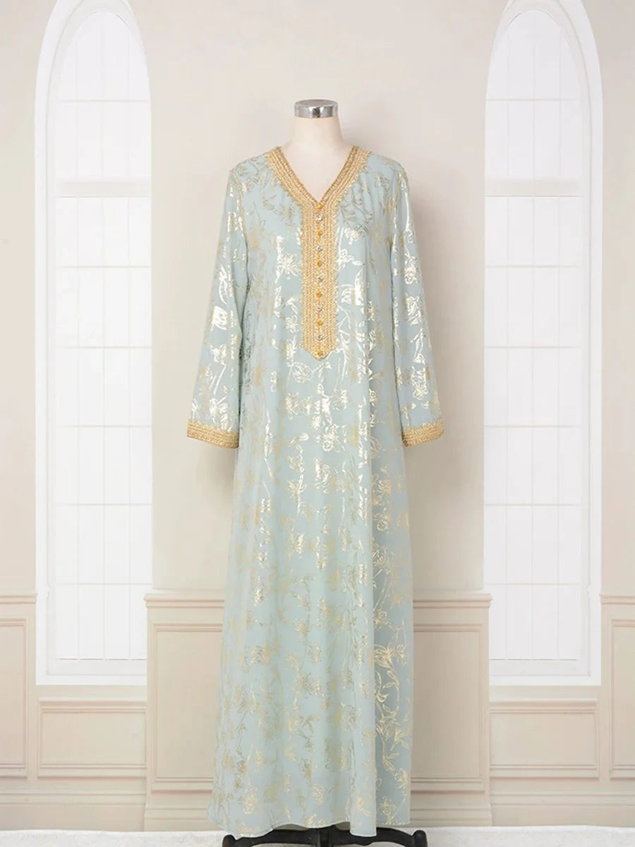 Elegant Eid Bronzing Dress Caftan for Women - Flowy Long Kaftan #25030 | Perfect for Eid Celebrations, Weddings & Special Occasions