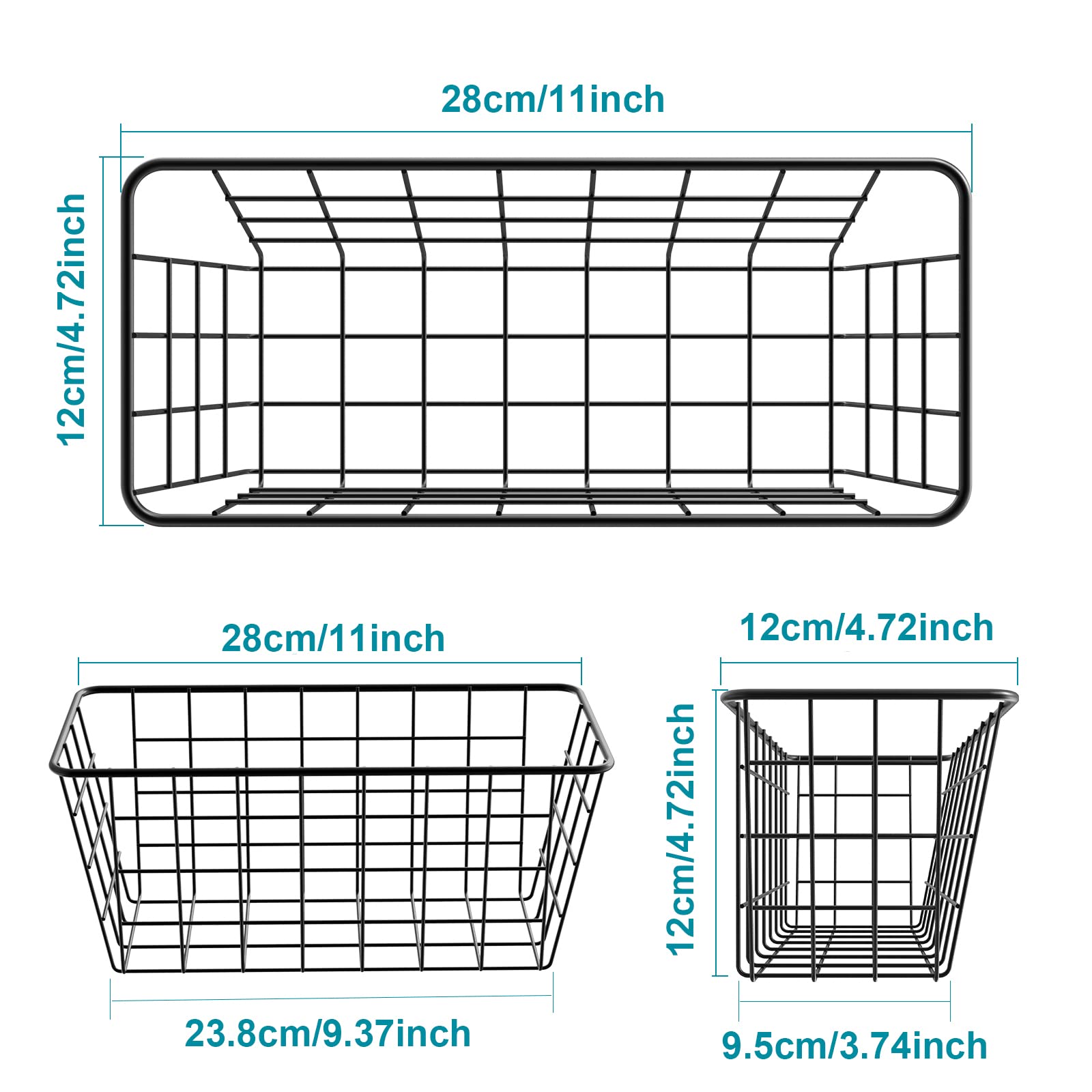 Adhesive Wall Mounted Kitchen Storage Baskets - No Drill Hanging Wire Baskets for Pantry, Bathroom & Home Organization (2 Pack, Black) - Perfect for Spice Jars, Utensils & Small Item Storage