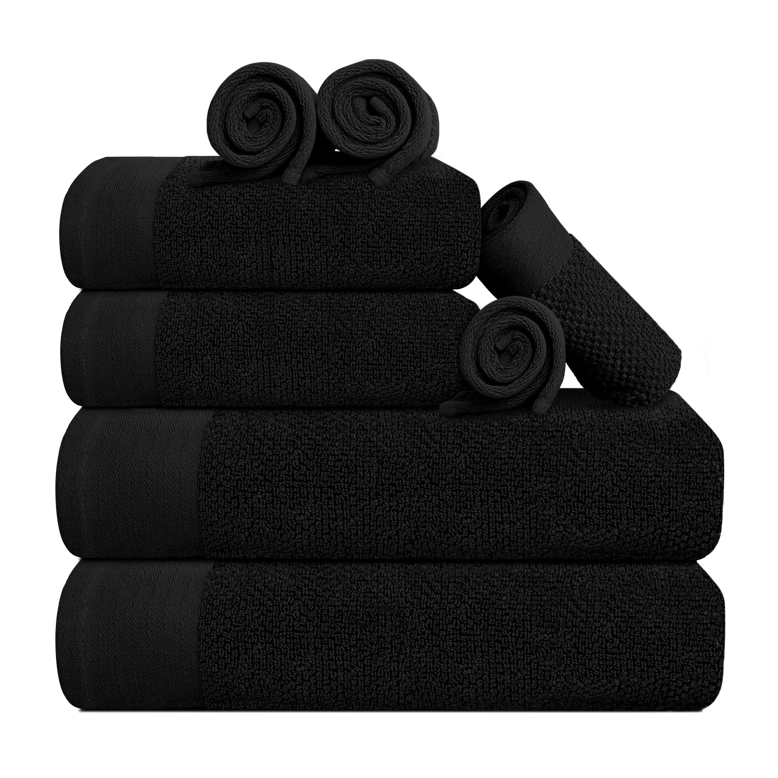 Premium 8-Piece Popcorn Textured Luxury Towel Set - 2 Extra Large Bath Towels, 2 Hand Towels, 4 Washcloths | 100% Cotton Plush Hotel Quality Super Absorbent | Perfect for Bathroom, Spa & Guest Use (Black)
