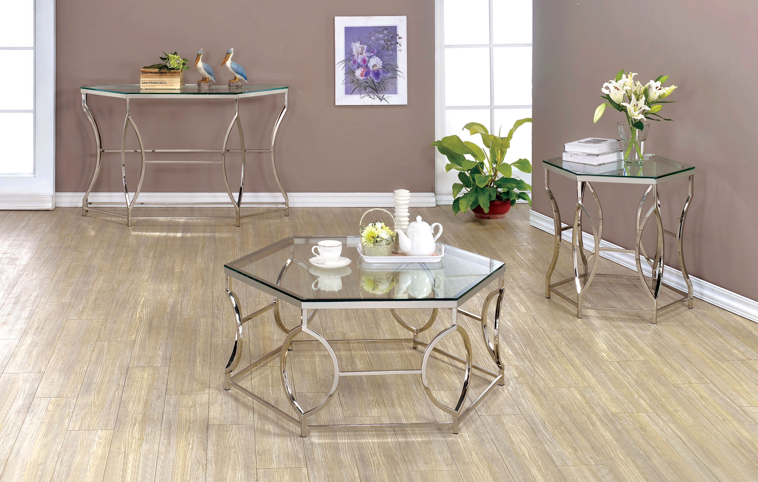 Marilyn 3-Piece Geometric Chrome Coffee Table Set for Living Room