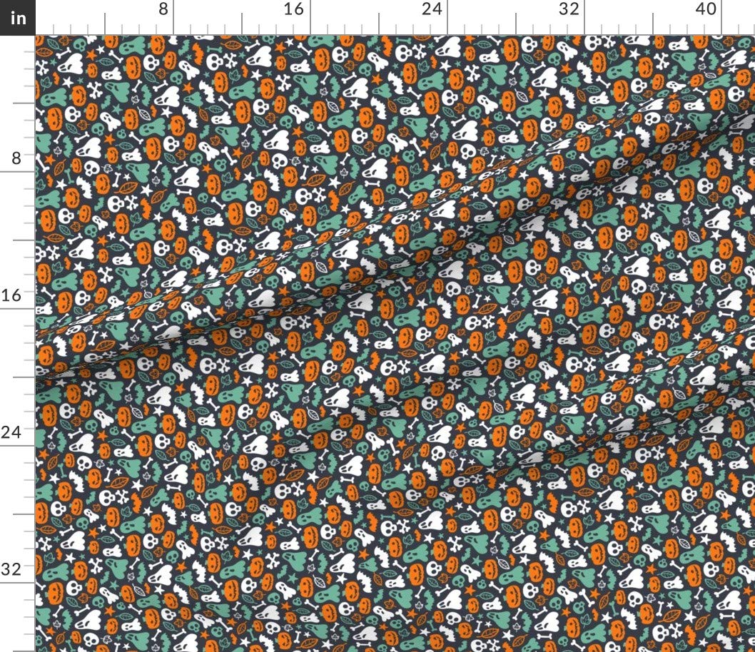 Halloween Retro Pattern Fabric - Pumpkins, Skulls, Bones & Bats Printed on Petal Signature Cotton by The Yard for Sewing, Quilting, Apparel & DIY Decor | Cute Costume & Ghost Design for Seasonal Crafts, Home Decor & Party Supplies