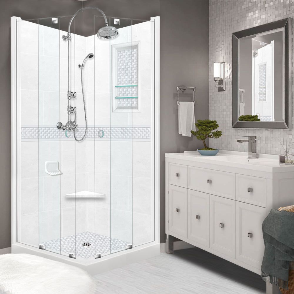 DIY Shower Remodel Kit - Natural Buff Sistine Stone & Jewel Stone Accent for Bathroom Corner | Waterproof Tile Alternative for Shower Walls & Bathtub Surrounds