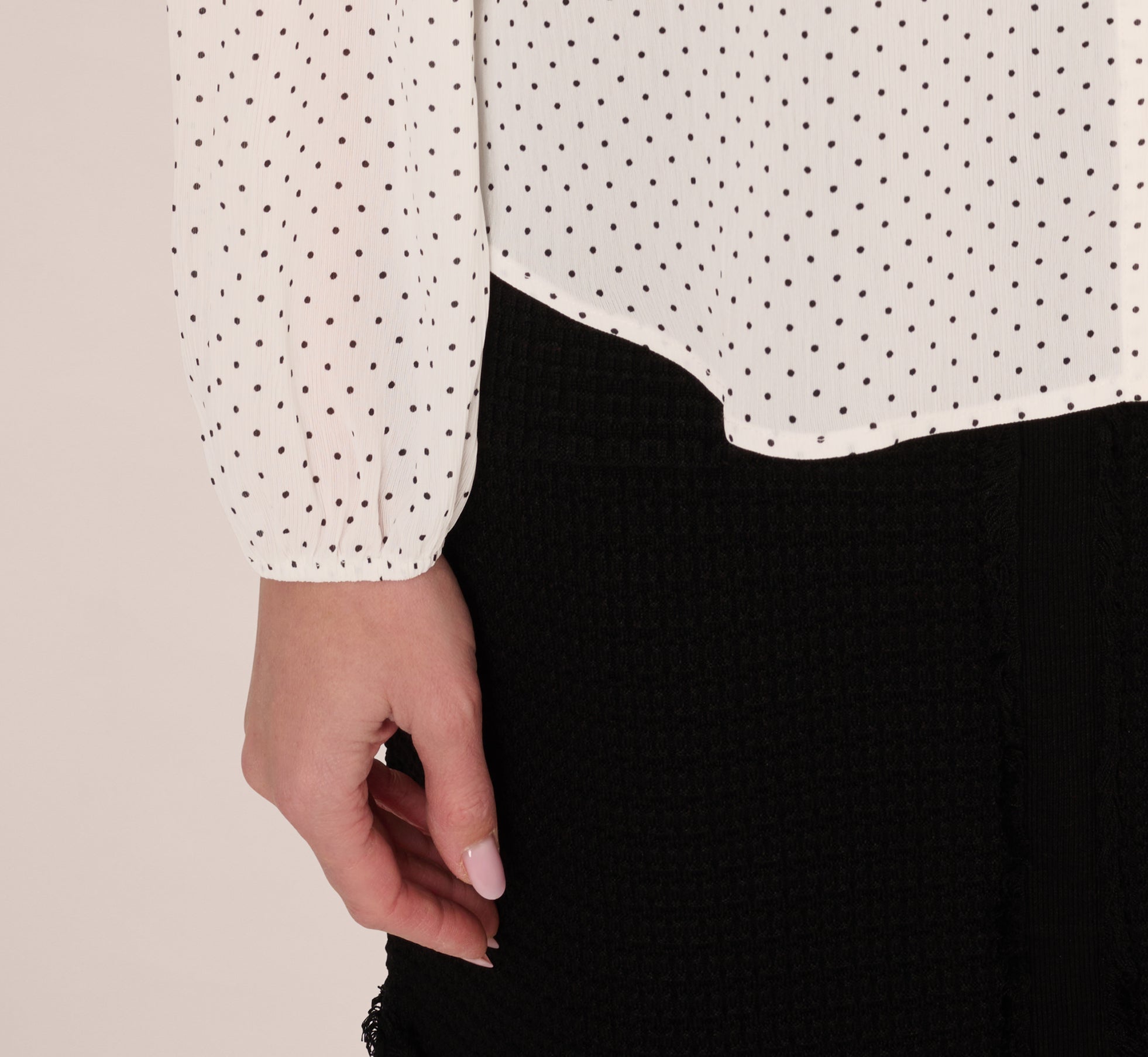 Bishop Sleeve Polka Dot Tie Neck Blouse - Ivory Mini Dot Floral Print Women's Top for Office, Date Night & Spring Outfits