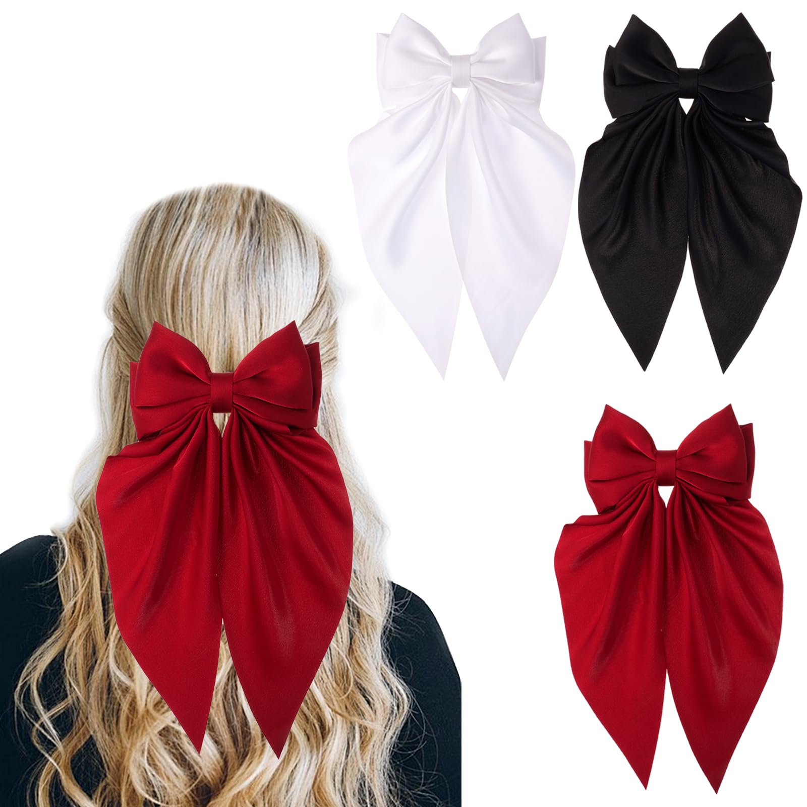 3PCS Large Silky Satin Hair Bows & Clips with Long Tails - Elegant Metal Barrettes for Women & Girls (Black/White/Red) | Perfect for Weddings, Parties & Everyday Hair Styling