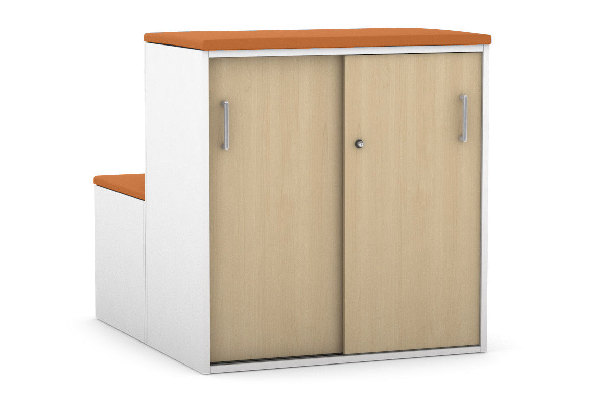 Med Sliding 2 Door Credenza with Low Sliding Doors & Seat Cushion - Silver Handle | Uniform Activity Module for Medical Offices & Healthcare Facilities