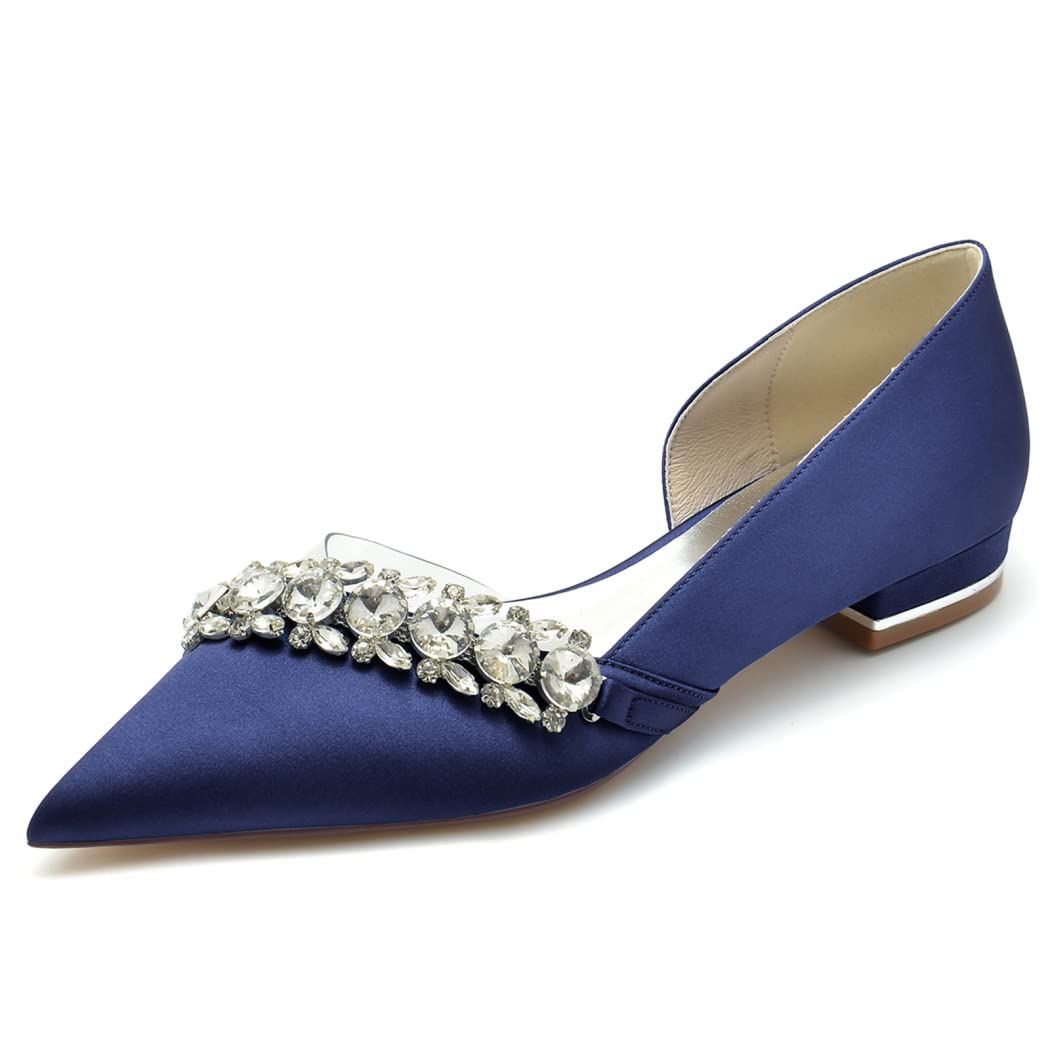 Elegant Satin Bridal Wedding Flats for Women - Comfortable Closed Toe Ballet Slip-On Shoes with 2.5cm Heel (Navy Blue, Size 6.5 US) - Perfect for Wedding Ceremonies, Receptions & Bridal Showers