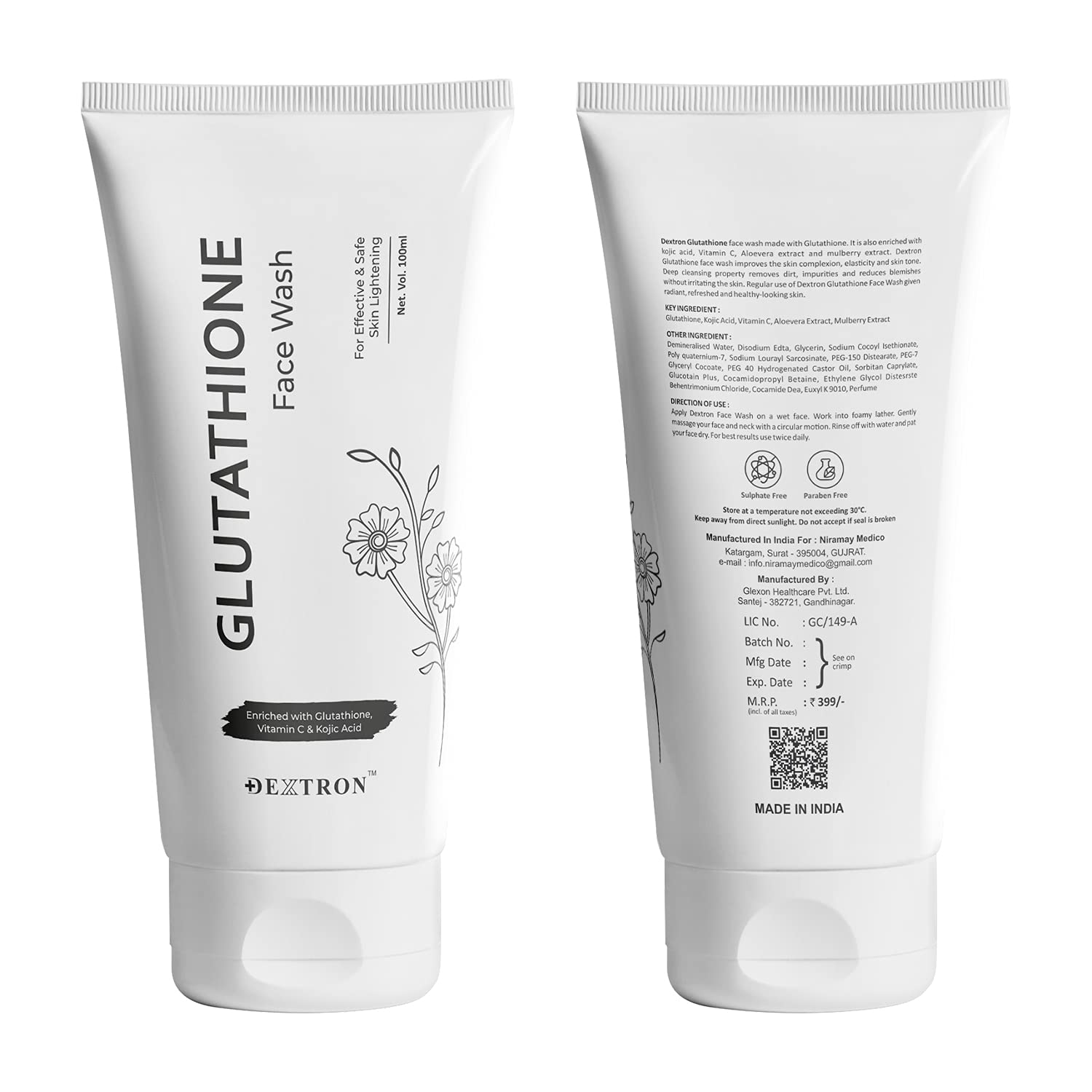 Dextron Glutathione Face Wash with Kojic Acid & Vitamin C for Brightening & Even Skin Tone | Anti-Aging & Dark Spot Treatment | Daily Cleanser for Glowing Skin at Morning & Night Routine