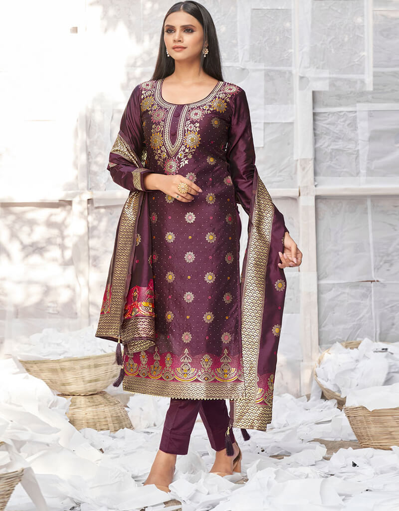 Banarasi Jacquard Wine Salwar Kameez Suit with Churidar Bottom - Elegant Indian Ethnic Wear for Weddings & Festivals