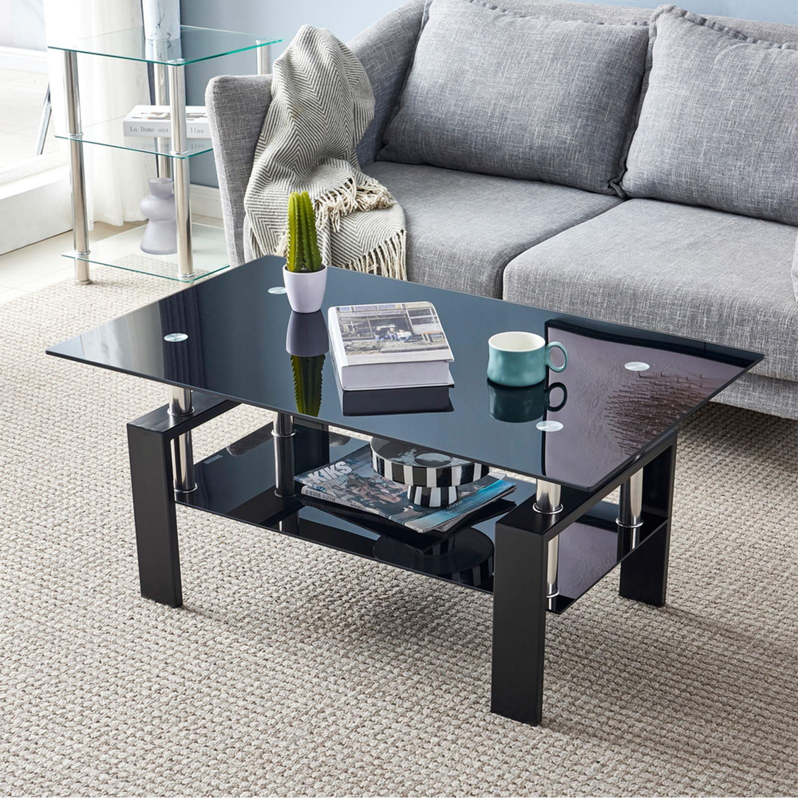43.3 Inch Modern Rectangle Glass Coffee Table with Solid Wooden Feet - Clear Black Center Table for Living Room, Bedroom & Office - Perfect for Entertaining, Relaxing & Home Decor