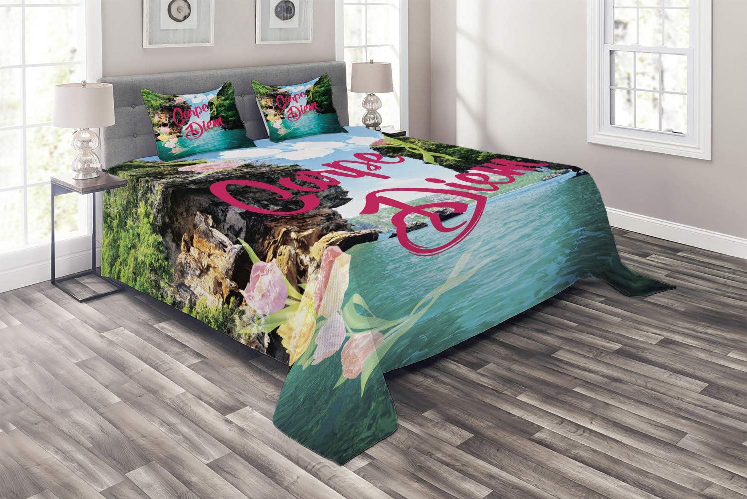 Ambesonne Carpe Diem Typography Quilted Bedspread Set - 3 Piece King Size Tropical Ocean & Cliffs Design with 2 Pillow Shams, Multicolor Decorative Coverlet for Beach House, Guest Room & Bohemian Bedroom Decor