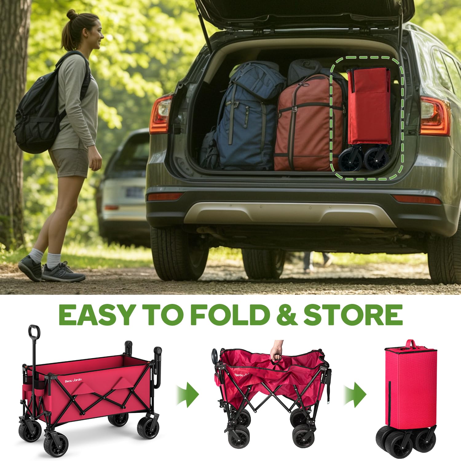 Beau Jardin 500 lbs Folding Beach Wagon Cart with All-Terrain Wheels & Push Handle - Heavy Duty Collapsible Utility Wagon for Grocery Shopping, Camping, Sports, Gardening & Outdoor Activities (Red)