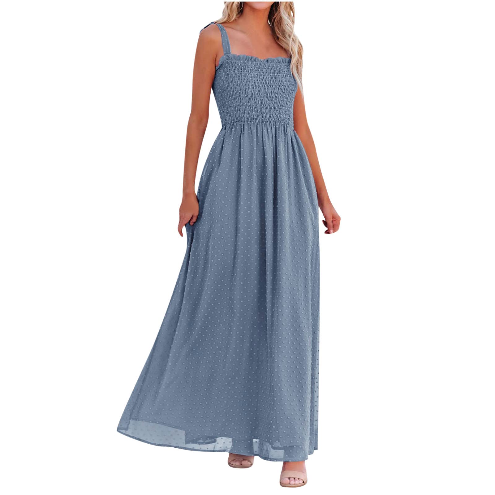 bmkBWO Women's Maxi Dress - Sexy Strappy Polka Dot Wedding Guest Dress, Loose Casual Solid Color Summer Beach Long Dress for Outdoor Parties, Vacations & Date Nights