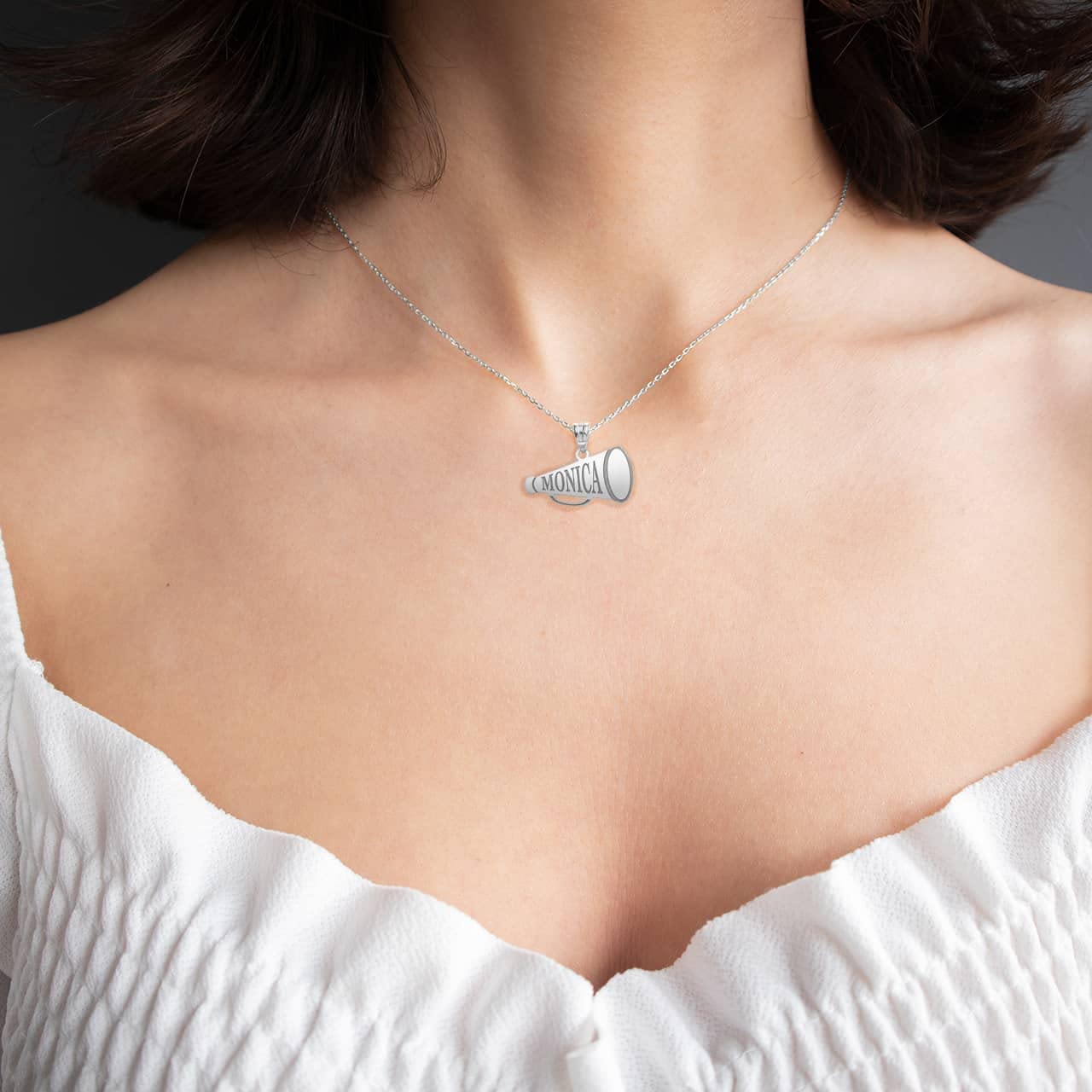 14K White Gold Personalized Cheerleader Megaphone Charm Pendant Necklace - Custom Name Engraved - Perfect for Cheerleading, Sports Events & Gifts