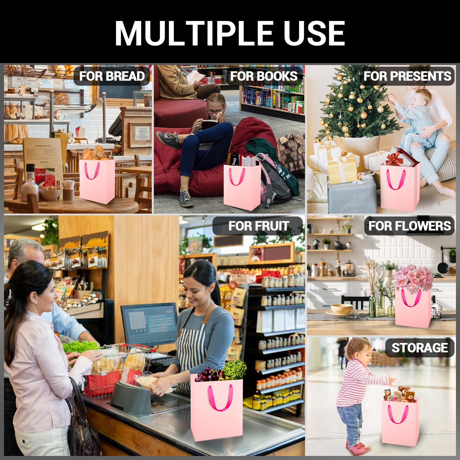 EUSOAR 20pcs Pink Kraft Gift Bags with Handles, 7.8x3.9x11 Inches - Thick & Sturdy Paper Shopping Bags for Merchandise Wrapping, Boutique Business, Conference Celebrations - Perfect for Birthday Presents, Wedding Favors, and Retail Packaging