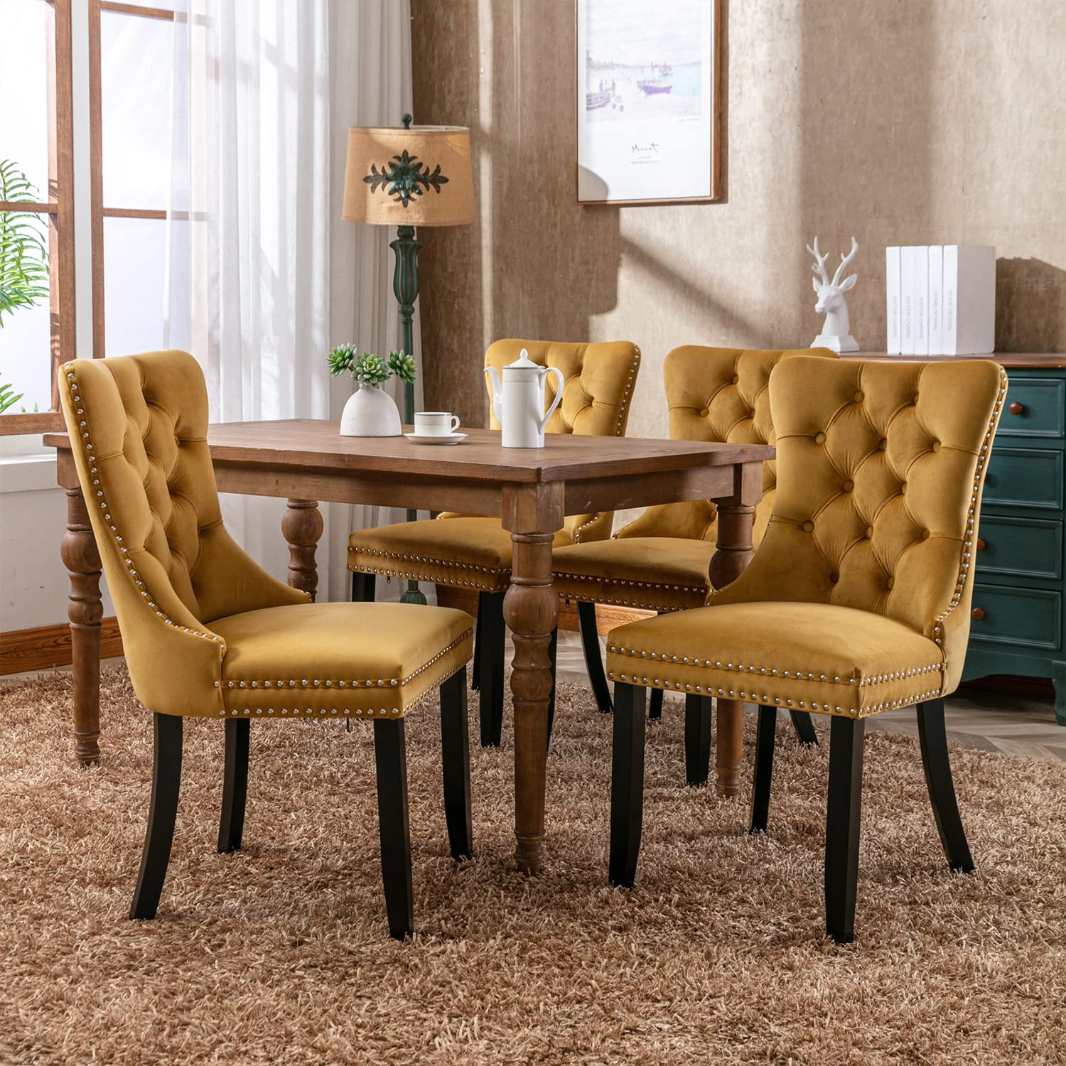 Virabit Velvet Dining Chairs Set of 4 - Tufted Upholstered Chairs with Nailhead Trim & Ring Pull Design, Solid Wood Frame for Kitchen, Dining Room or Bedroom (Gold) - Perfect for Modern Home Decor & Entertaining Guests