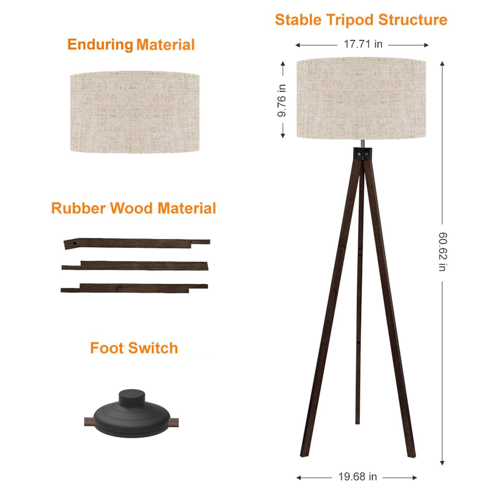 LEPOWER Mid Century Modern Wood Tripod Floor Lamp - Walnut Finish with Flaxen Shade, E26 Base - Perfect for Living Room, Bedroom, Study & Office Lighting | Reading Lamp, Task Light, Ambient Lighting Solution
