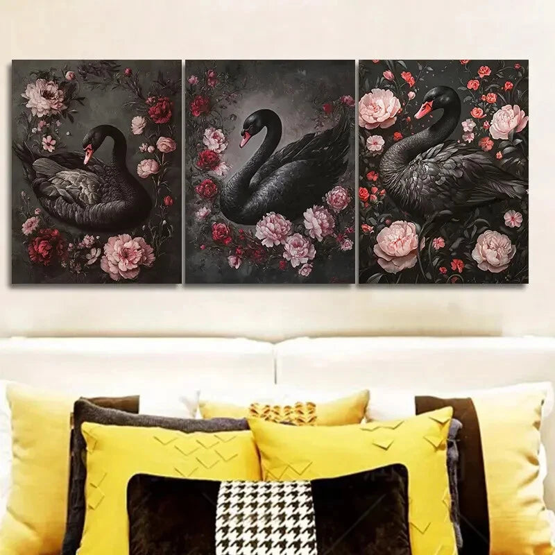 3PCS Elegant Black Swan Metal Wall Art Prints - Ready to Hang Home Decor for Living Room, Bedroom & Office