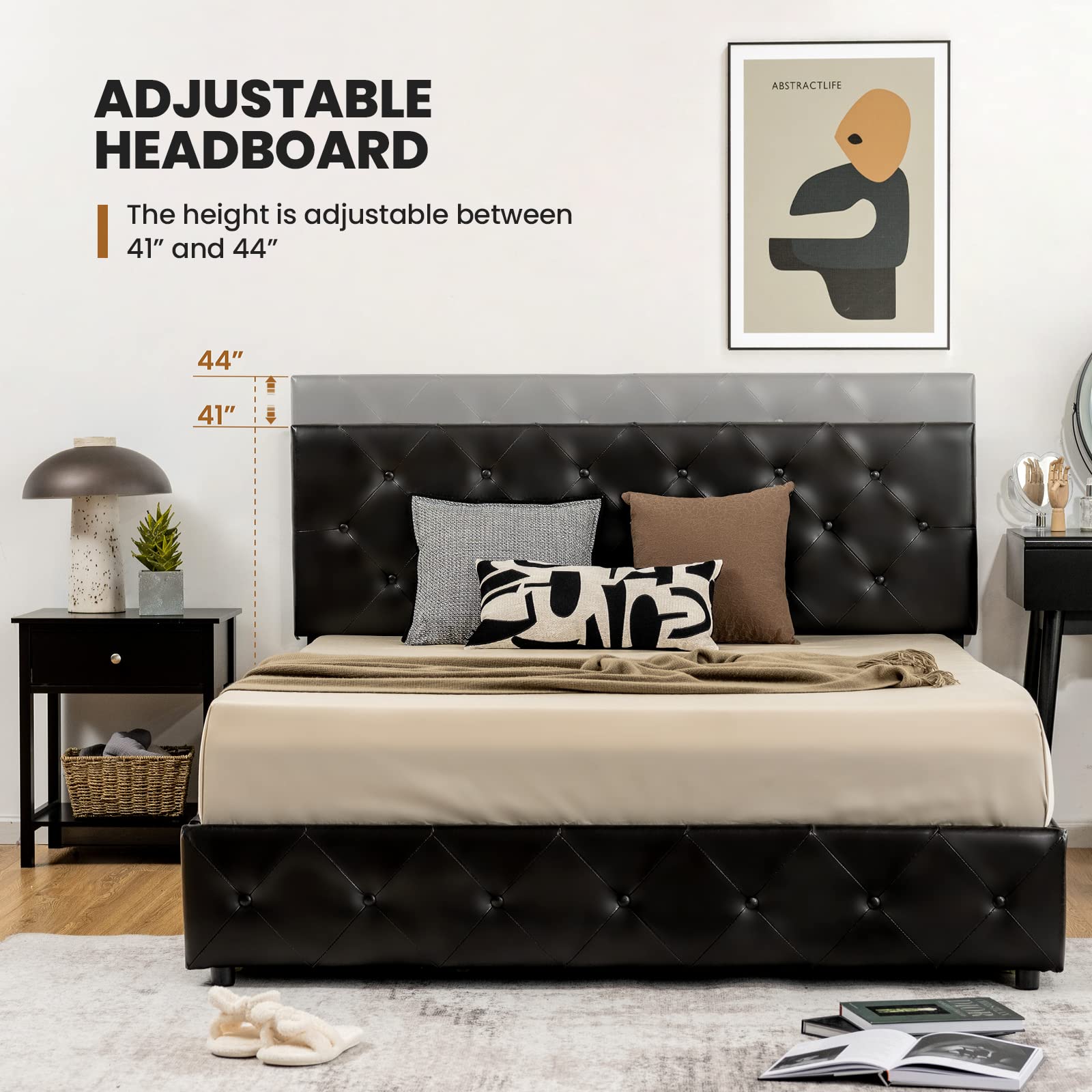 Giantex Full Size Upholstered PU Leather Platform Bed Frame with 4 Storage Drawers, Adjustable Headboard & Solid Wood Slats - No Box Spring Needed - Button Tufted Mattress Foundation - Easy Assembly - Black - Perfect for Small Bedrooms & Guest Rooms