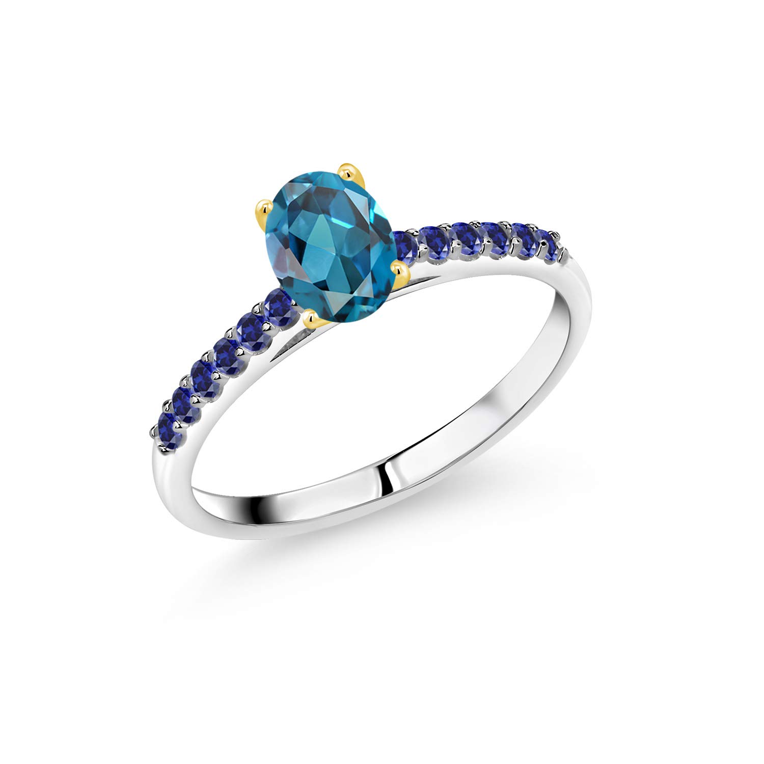 1.24 Ct London Blue Topaz & Blue Created Sapphire 10K White Gold Ring with Yellow Gold Prongs - Gem Stone King | Elegant Engagement, Anniversary & Wedding Jewelry Gift for Women