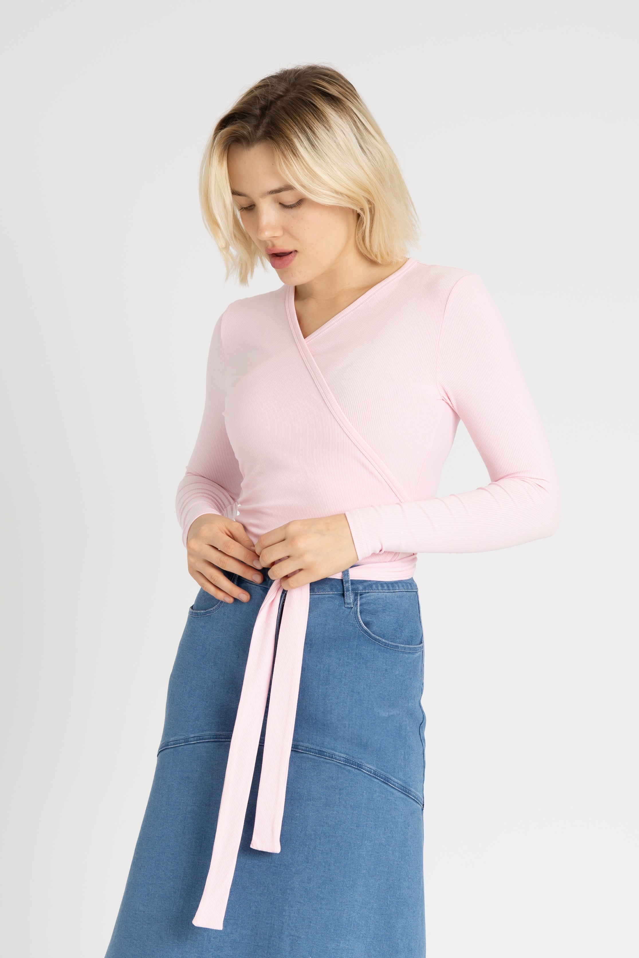 Light Pink Wrap Tee for Women - Soft Stretchy V-Neck T-Shirt - Casual & Work Outfits - Perfect for Date Nights, Office Wear & Weekend Looks