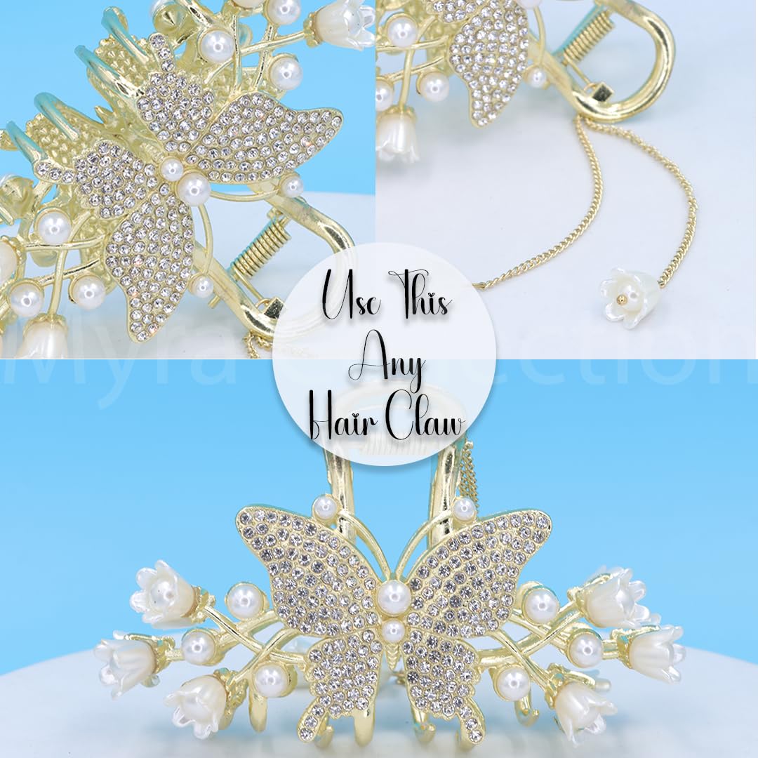 Myra Collection 1PC Gold Metal Butterfly Rhinestone Flower Hair Clip - Elegant Pearl Hair Claw for Women & Girls - Perfect for Parties, Weddings, Prom & Special Occasions