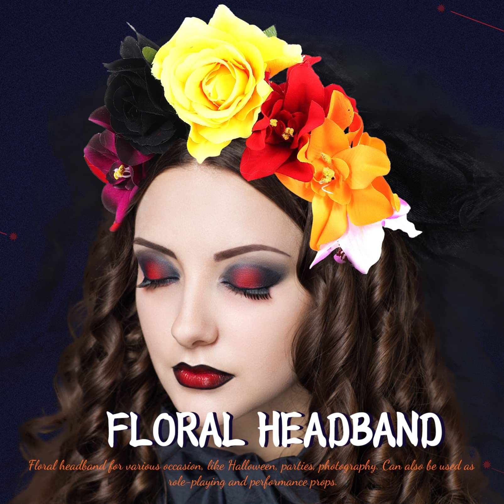 FOMIYES Mexican Flower Headband - Day of The Dead Headdress with Rose & Skull Design for Halloween Costume, Pride Party Accessories | Perfect for Dia de los Muertos Celebrations, Cosplay & Festive Events