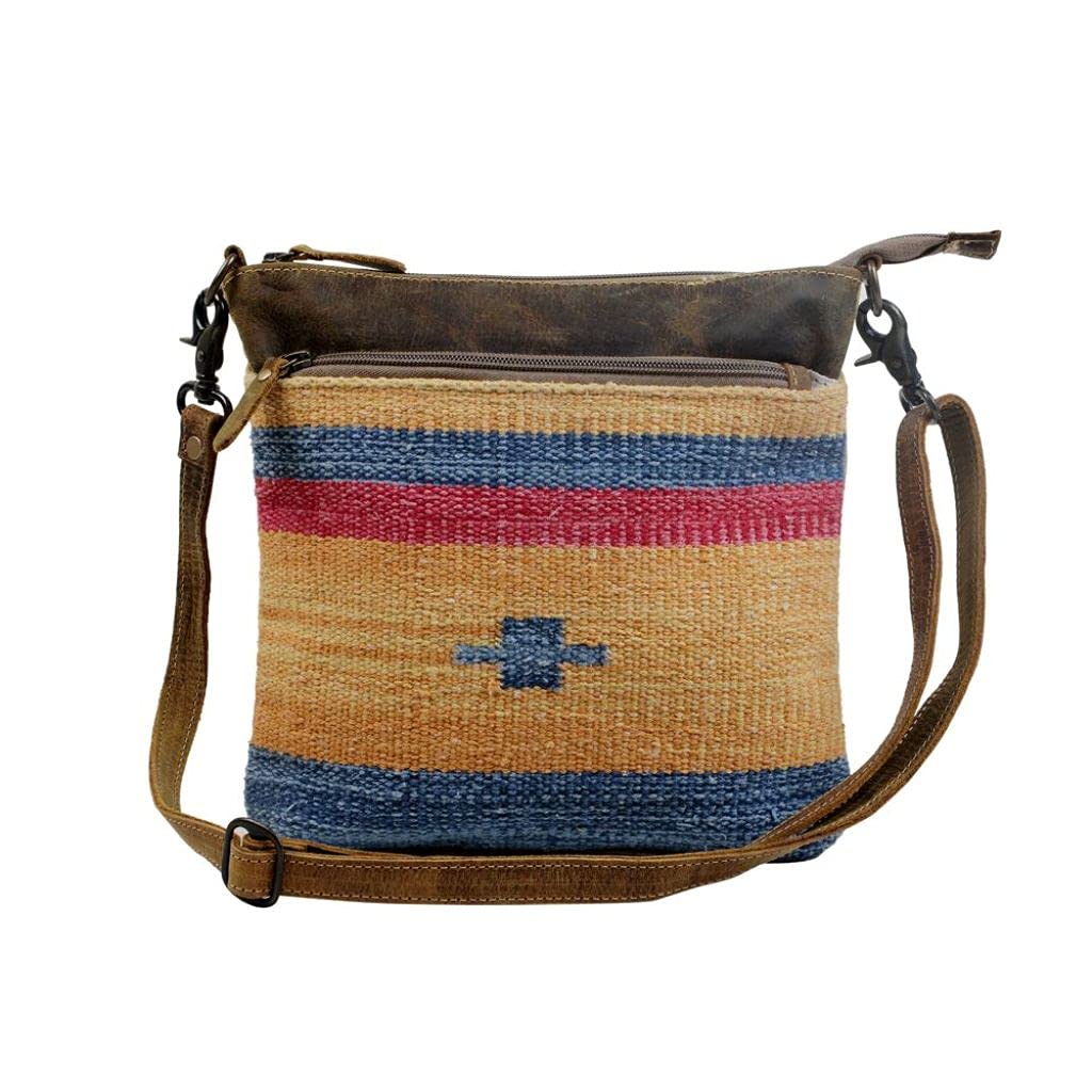 Myra Cross-Body Bag - Upcycled Cotton & Leather - Yellow & Blue Stripes - Perfect for Casual Outings