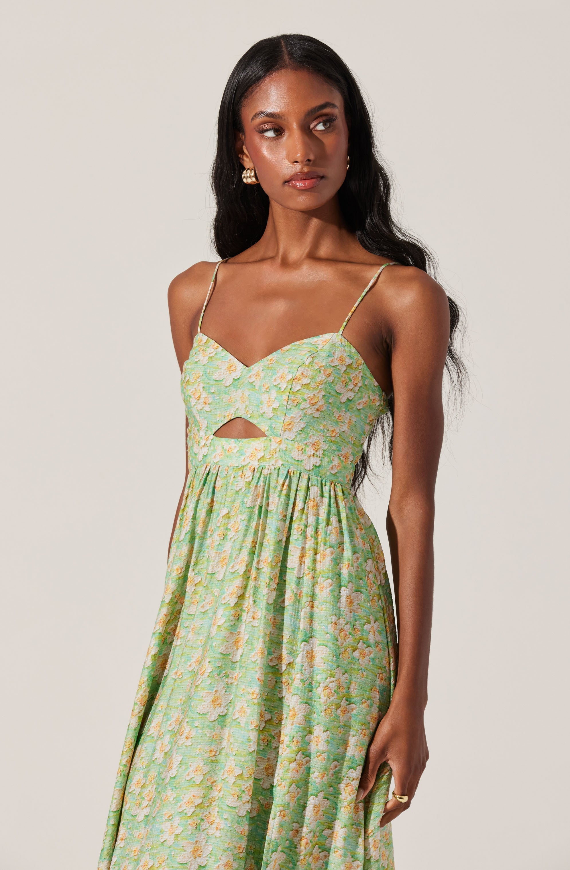 Floral Midi Dress with Front Cutout - Elegant Summer Party Dress for Women, Perfect for Weddings, Garden Parties & Date Nights