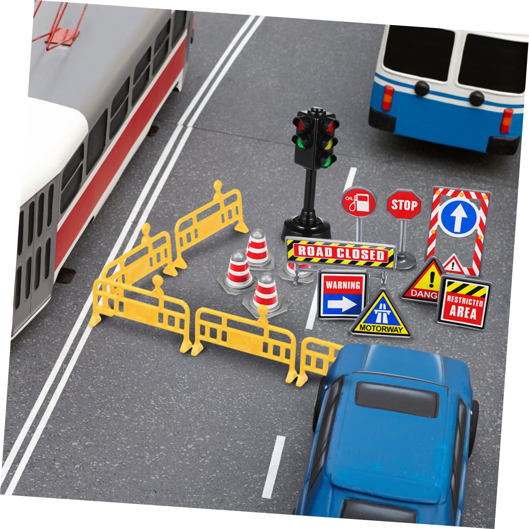 Kids Mini Traffic Toys Set - Mini Road Cones, Road Signs, Traffic Signal Light, Street Sign with Sound & Light, Plastic Educational Toys for Indoor & Outdoor Play
